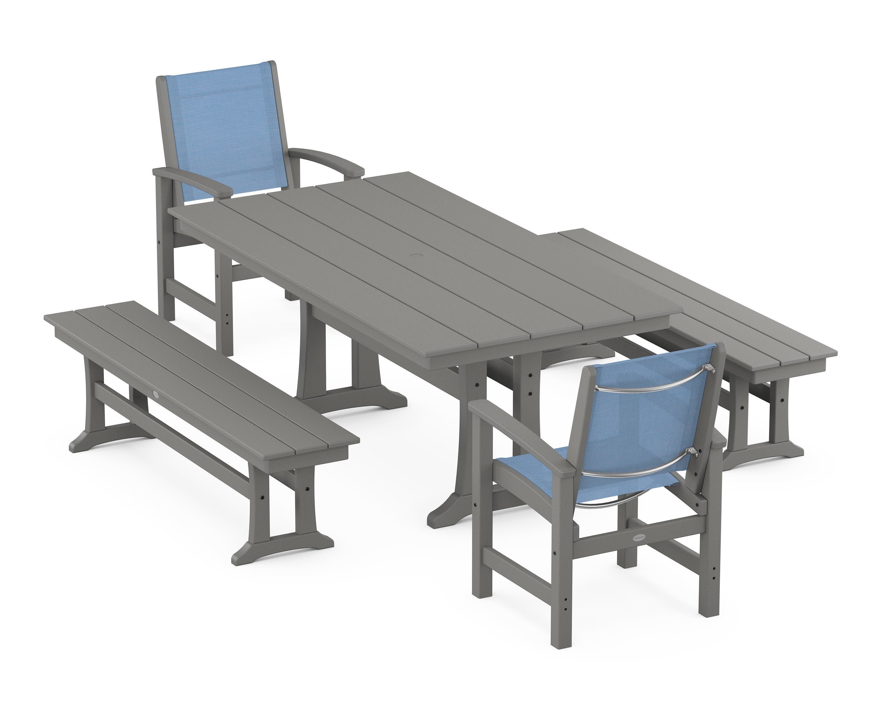 Coastal 5-Piece Farmhouse Dining Set with Trestle Legs and Benches in Slate Grey / Poolside Sling