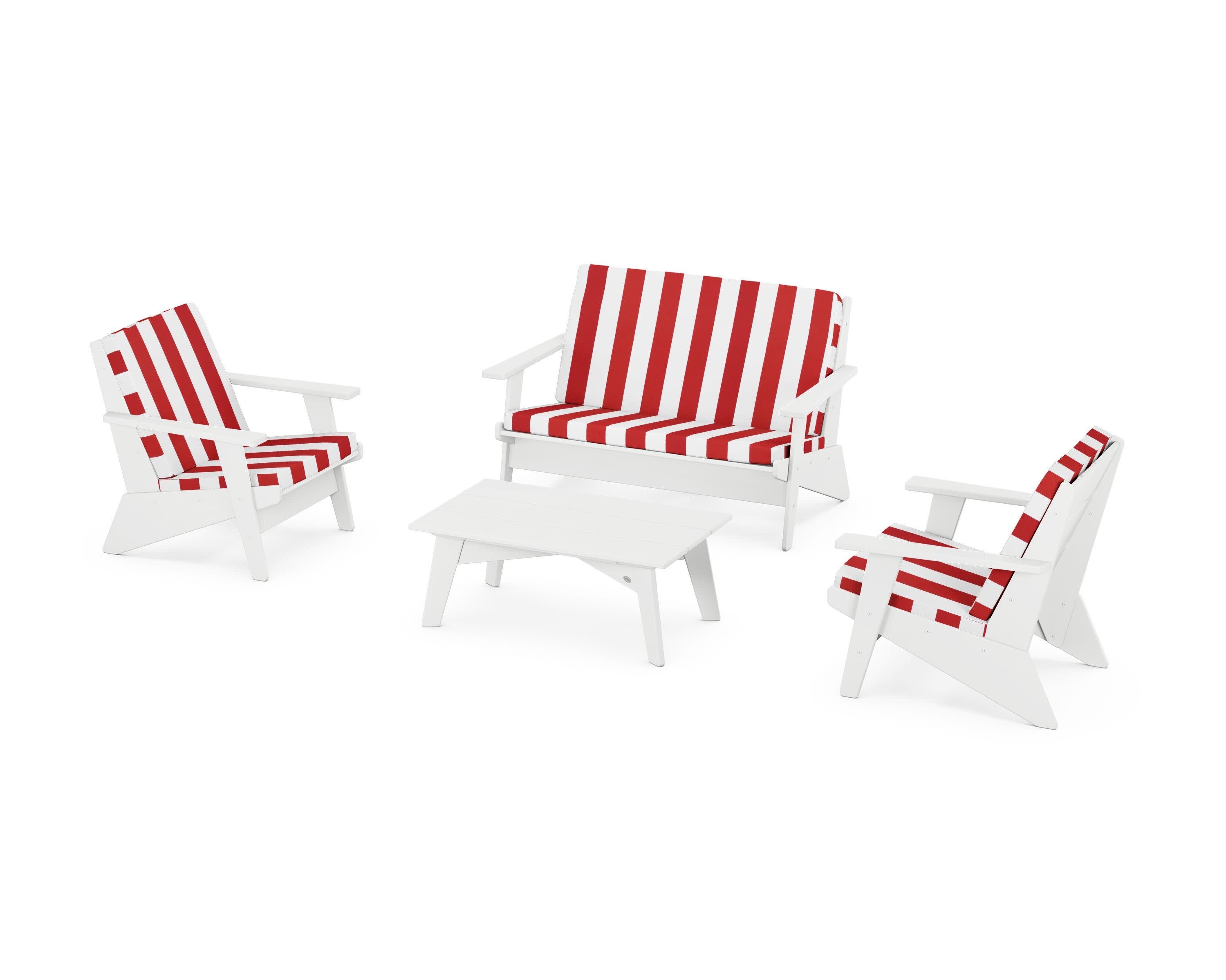 Riviera Modern Lounge 4-Piece Set in White / Cabana Stripe Crimson
