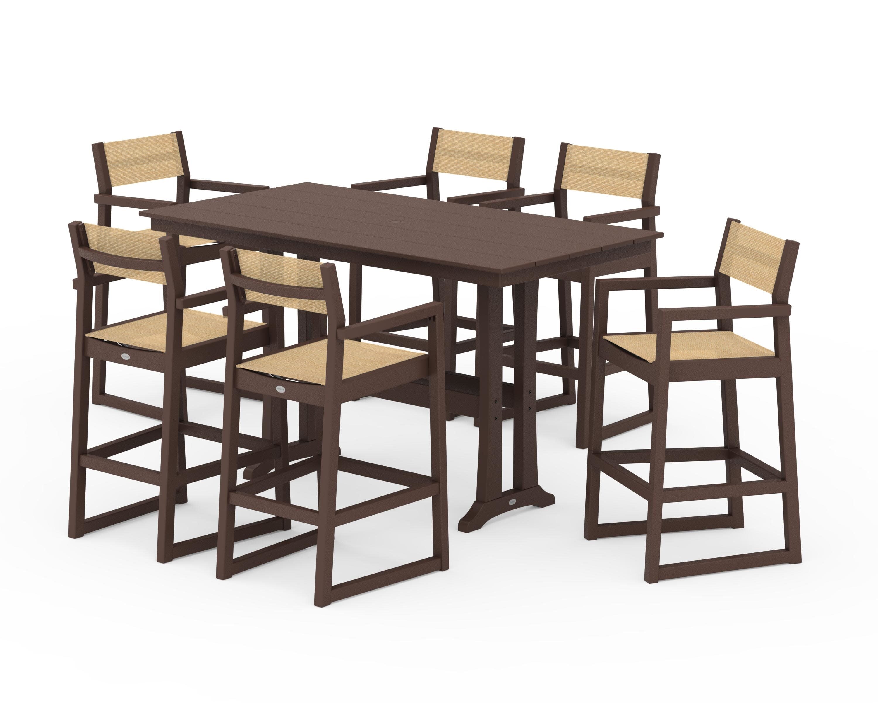 EDGE Sling Arm Chair 7-Piece Farmhouse Bar Set with Trestle Legs in Mahogany / Dupioni Apricot Sling