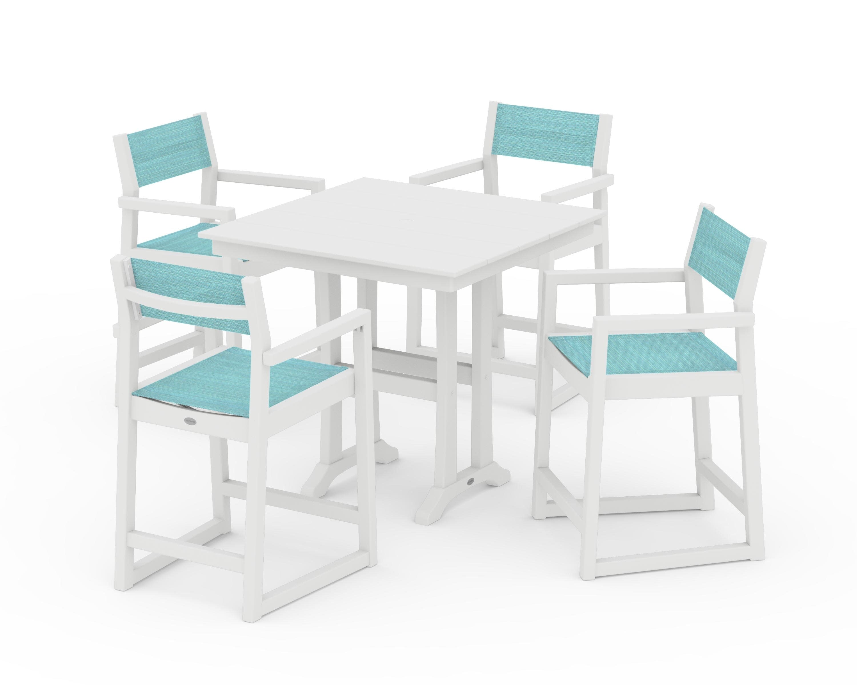 EDGE Sling Arm Chair 5-Piece Farmhouse Counter Set with Trestle Legs in White / Dupioni Aquamarine Sling