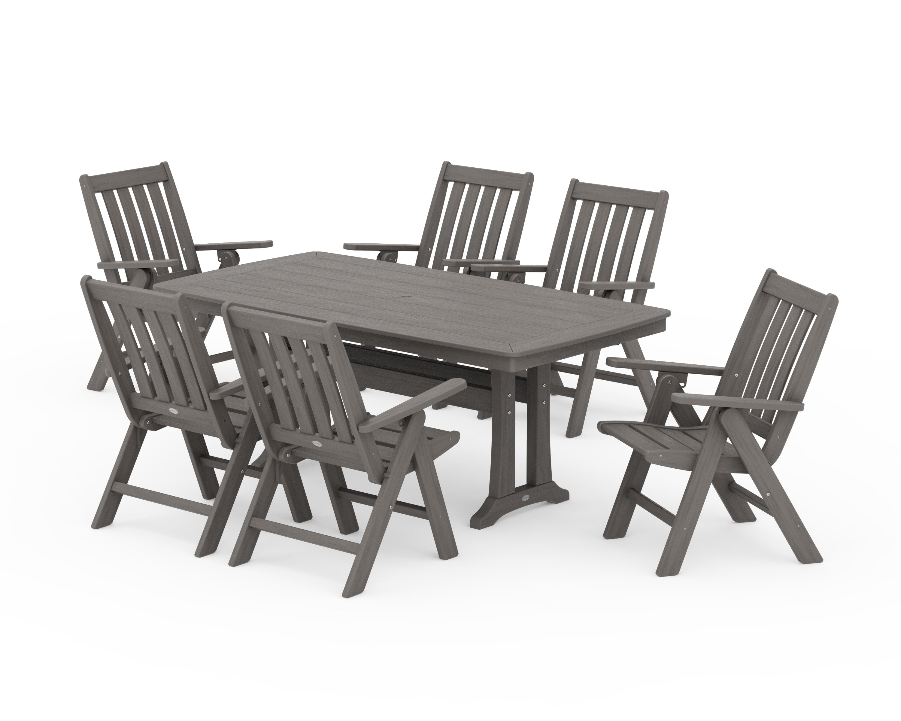 Vineyard Folding Chair 7-Piece Dining Set with Trestle Legs in Driftwood