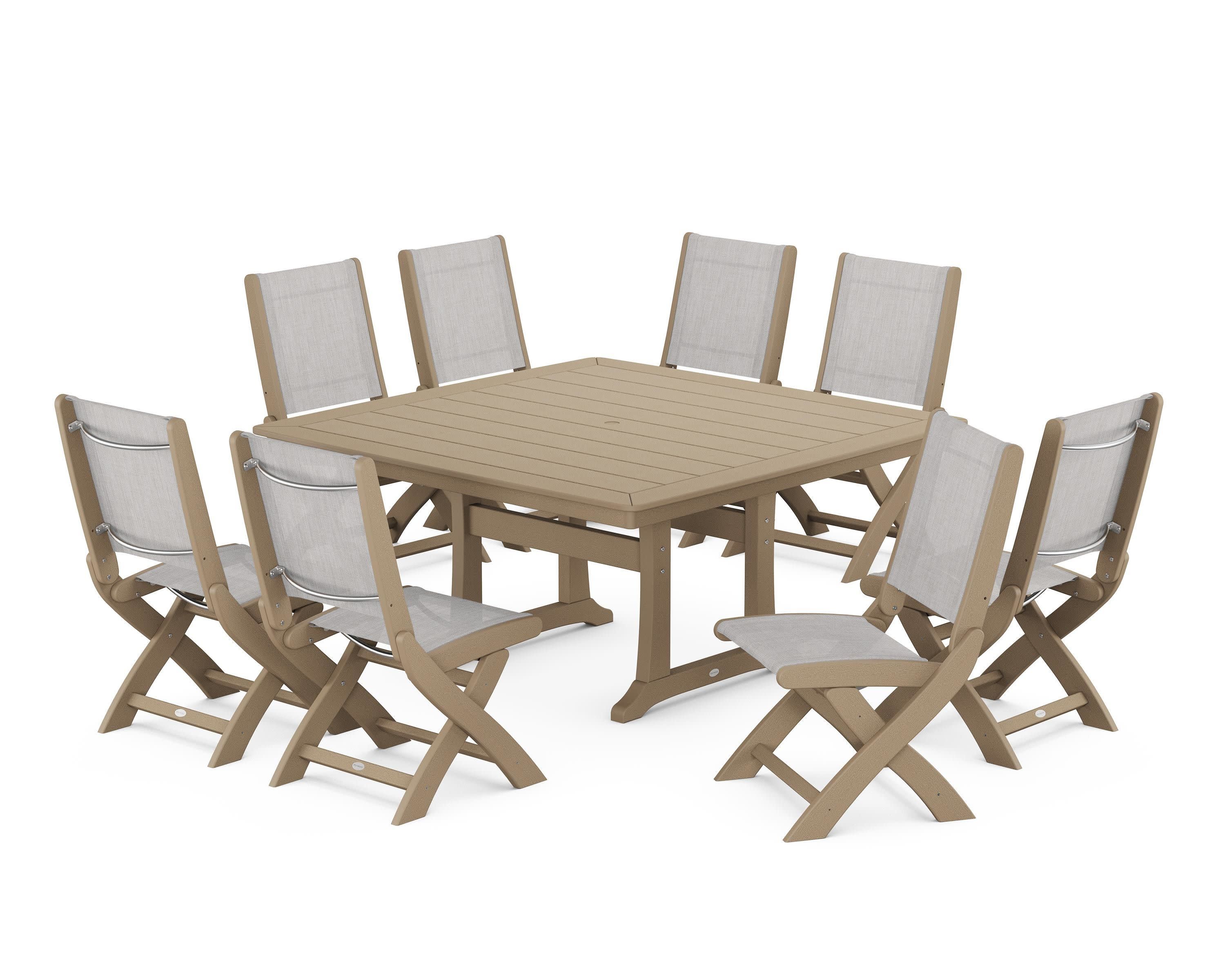 Coastal Folding Side Chair 9-Piece Dining Set with Trestle Legs in Vintage Sahara / Parchment Sling