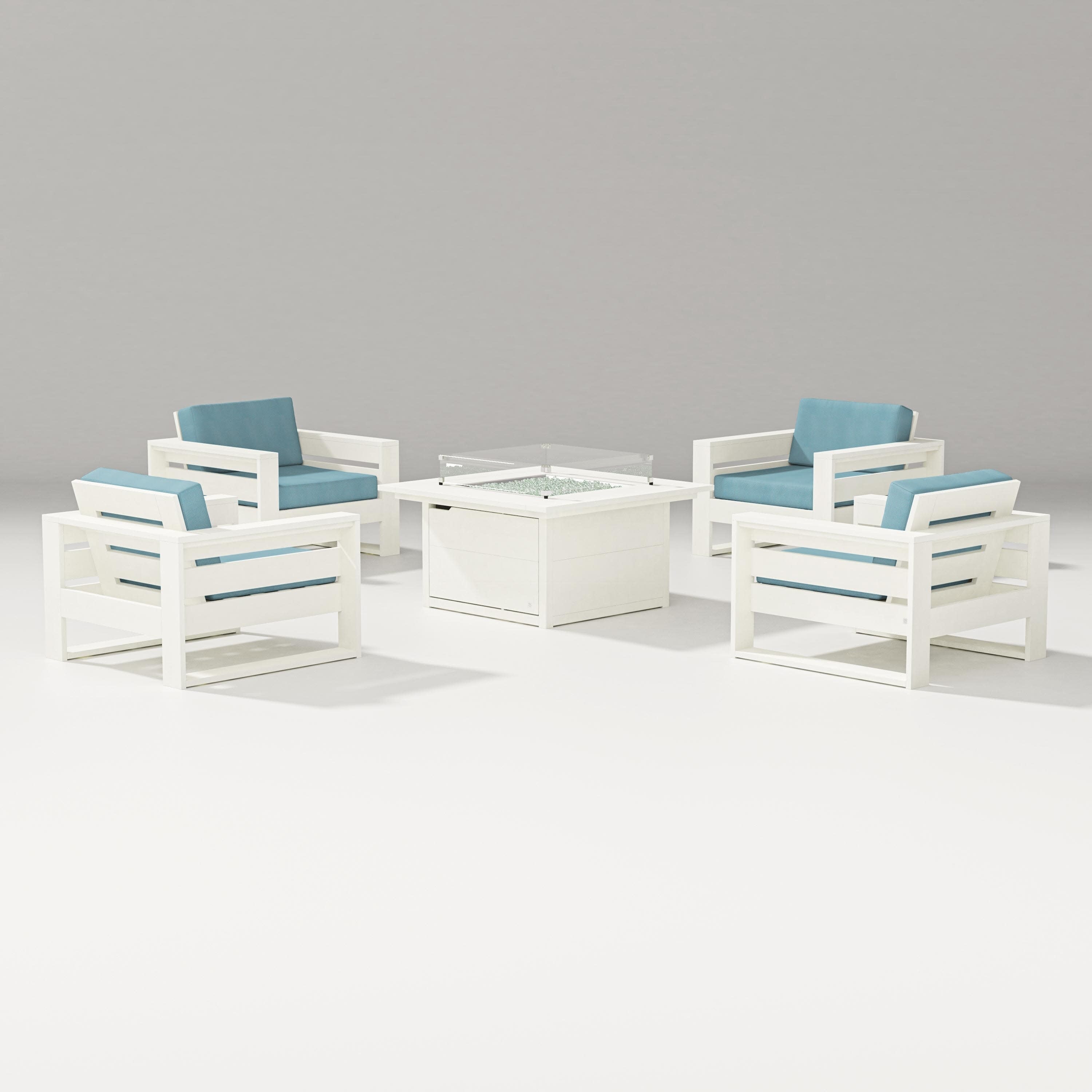 Latitude 5-Piece Lounge Fire Table Set in Vintage White / Lattice Sky Blue
