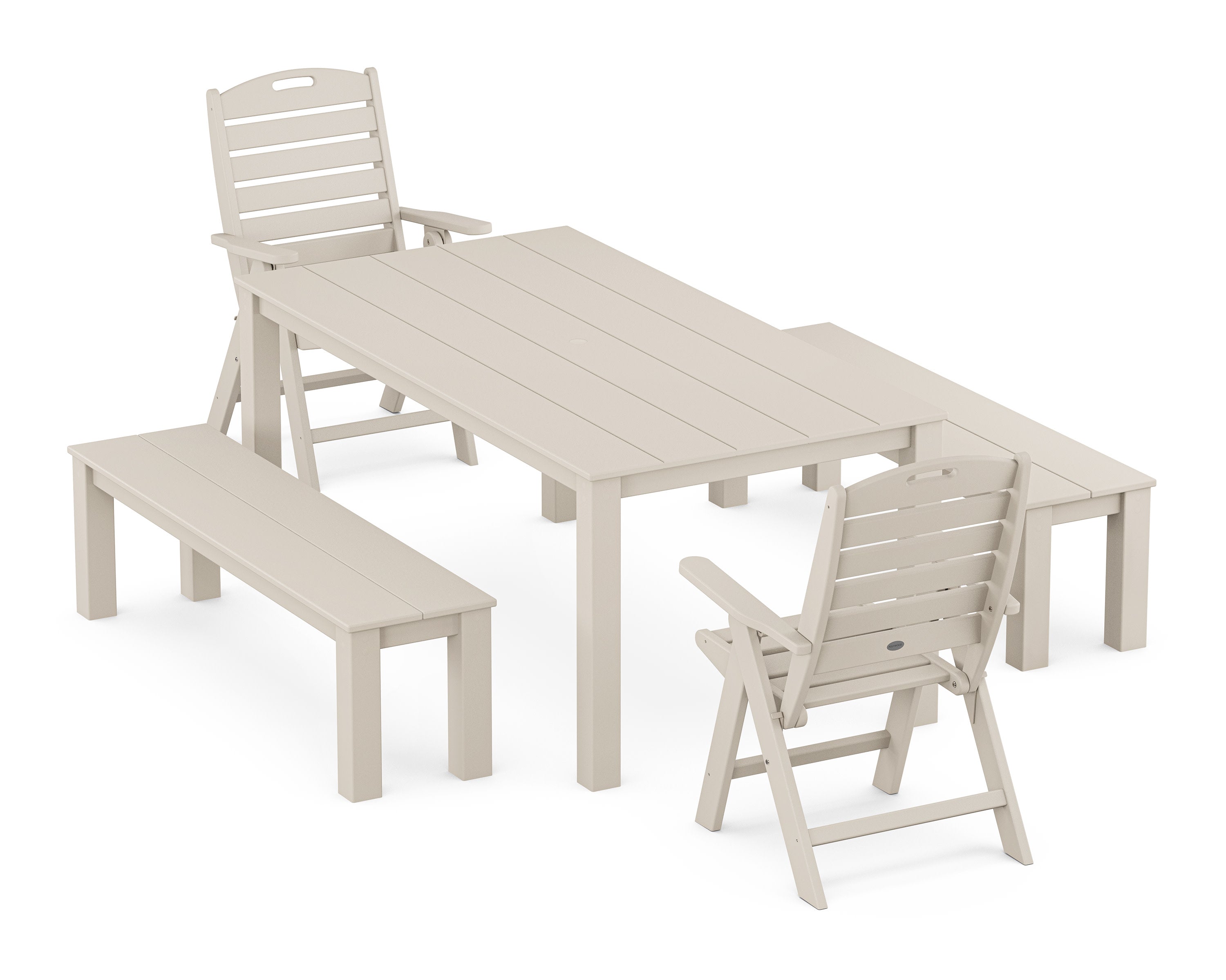 Nautical Folding Highback Chair 5-Piece Parsons Dining Set with Benches in Sand