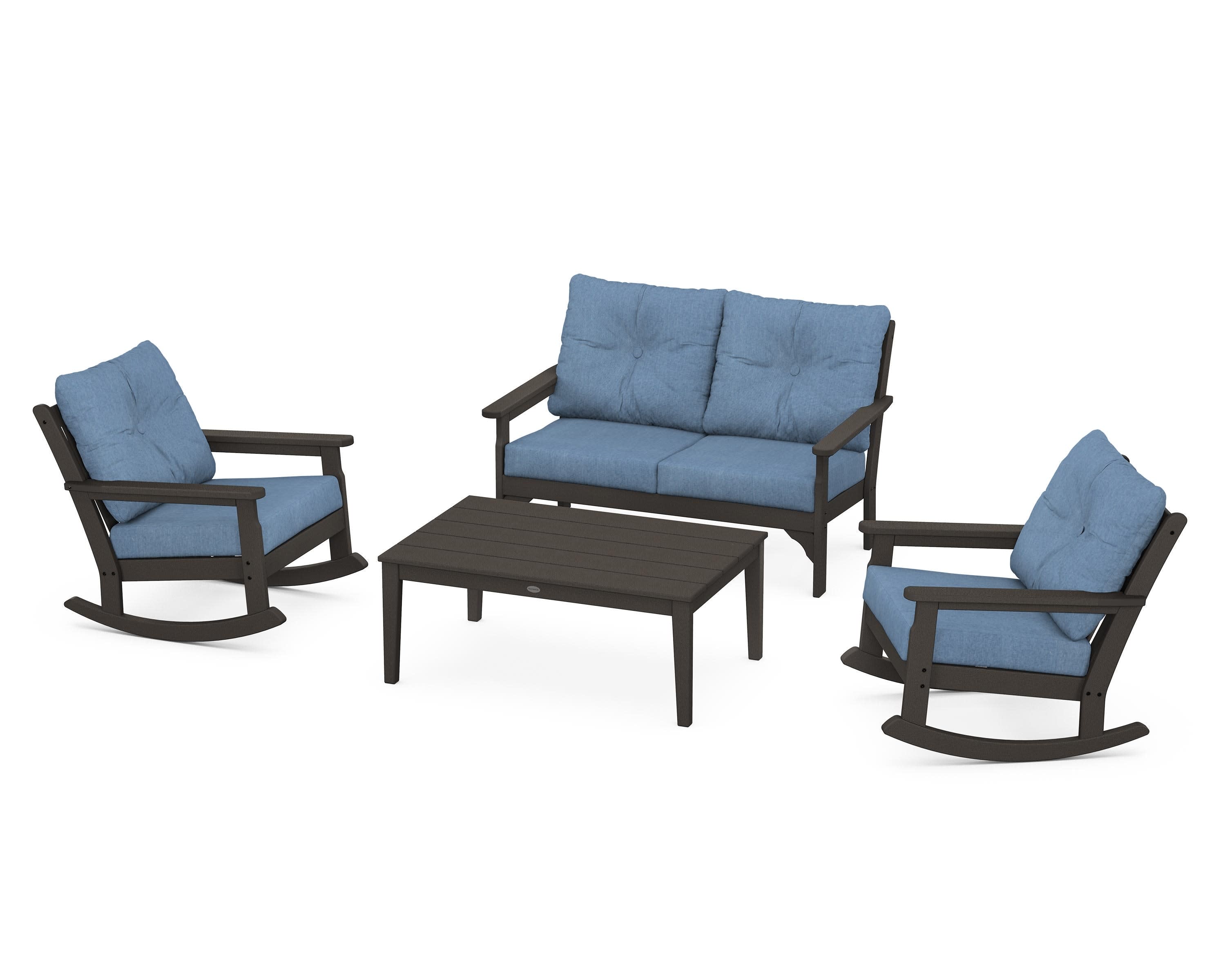 Vineyard 4-Piece Deep Seating Rocking Chair Set in Vintage Coffee / Sky Blue