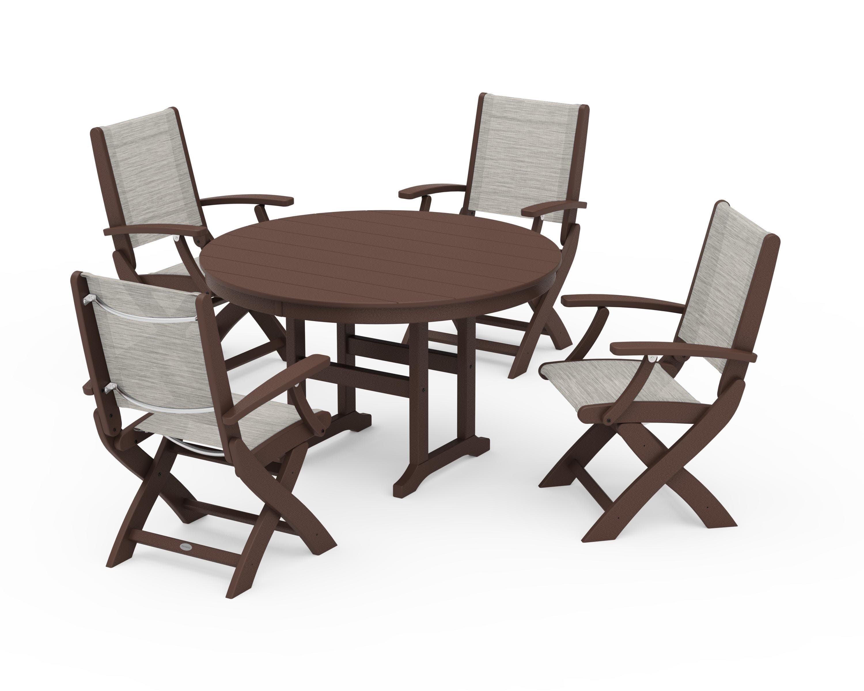 Coastal Folding Chair 5-Piece Round Dining Set in Mahogany / Birch Sling