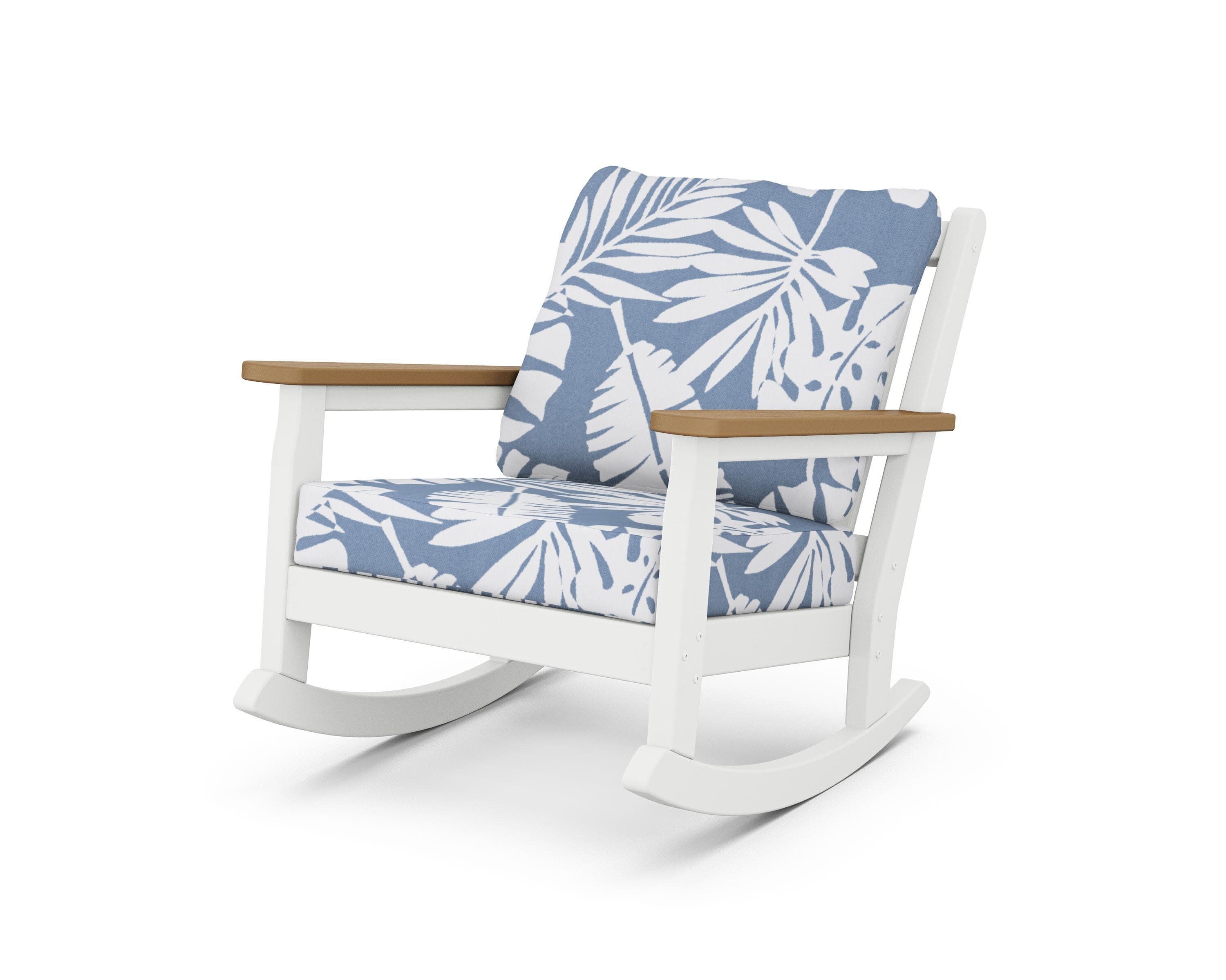 Chippendale Deep Seating Rocking Chair in White / Natural / Leaf Sky Blue