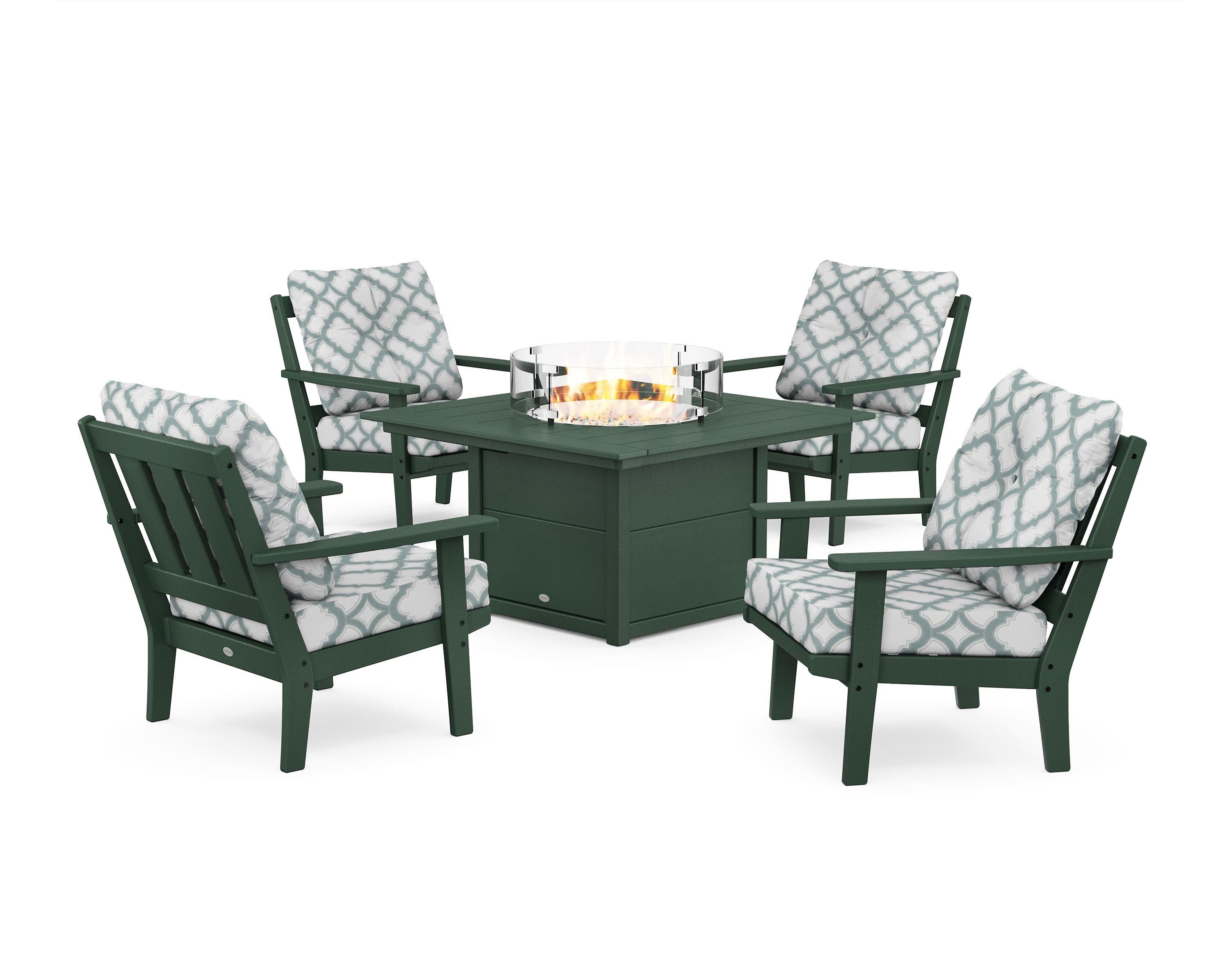 Oxford 5-Piece Deep Seating Set with Fire Pit Table in Green / Trellis Glacier Spa
