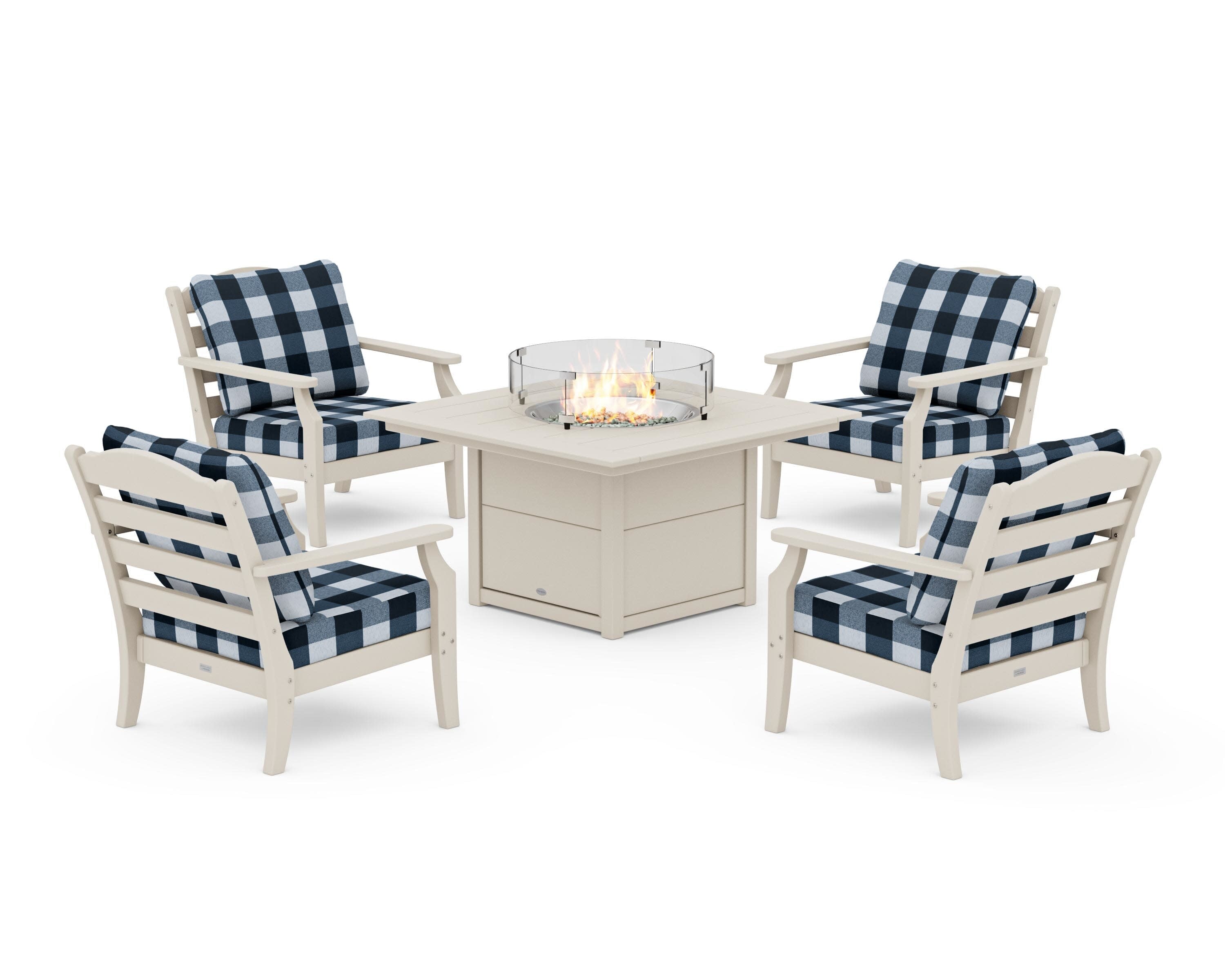 Savannah 5-Piece Deep Seating Set with Fire Pit Table in Sand / Buffalo Plaid Marine Indigo