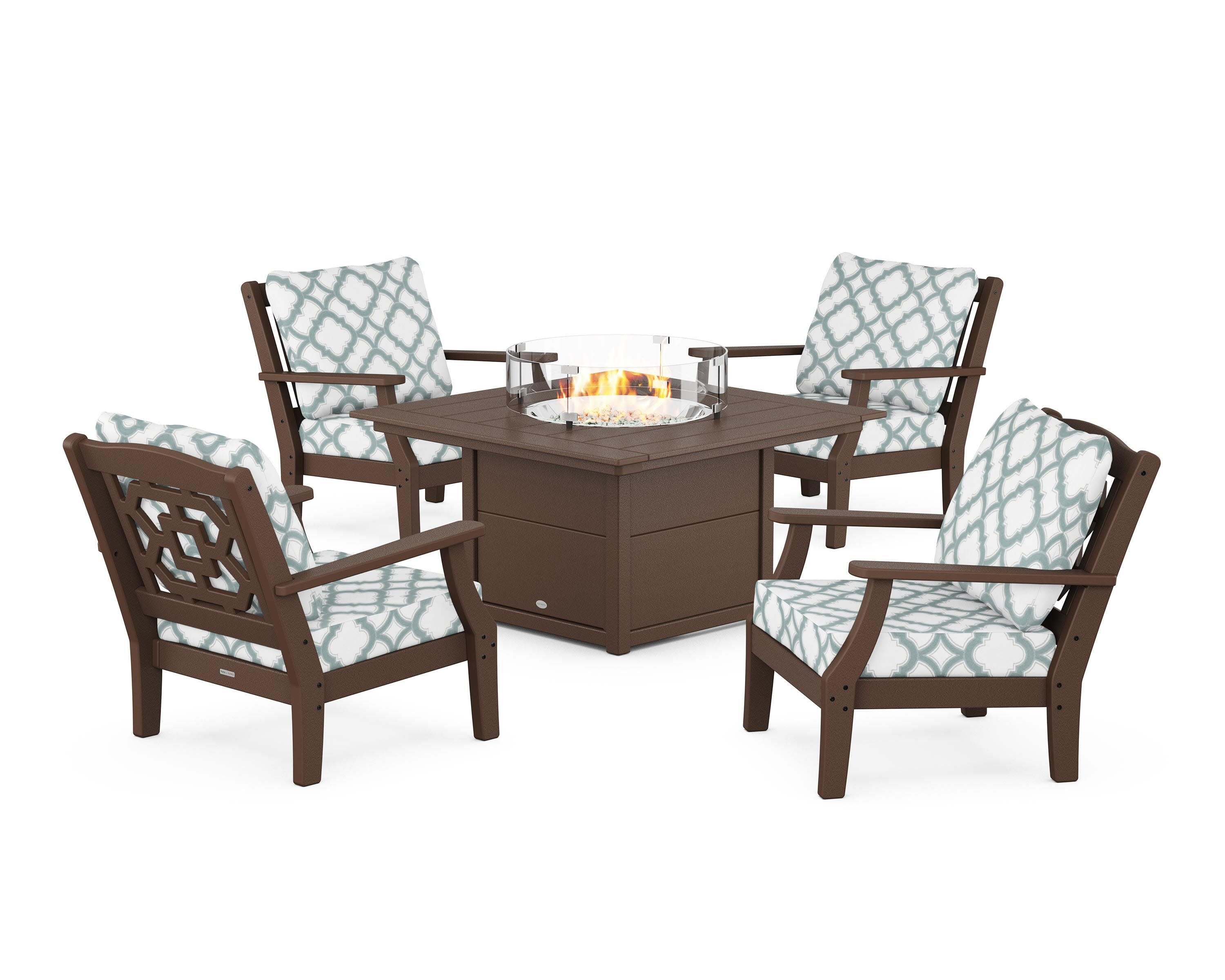 Chinoiserie 5-Piece Deep Seating Set with Fire Pit Table in Mahogany / Trellis Glacier Spa