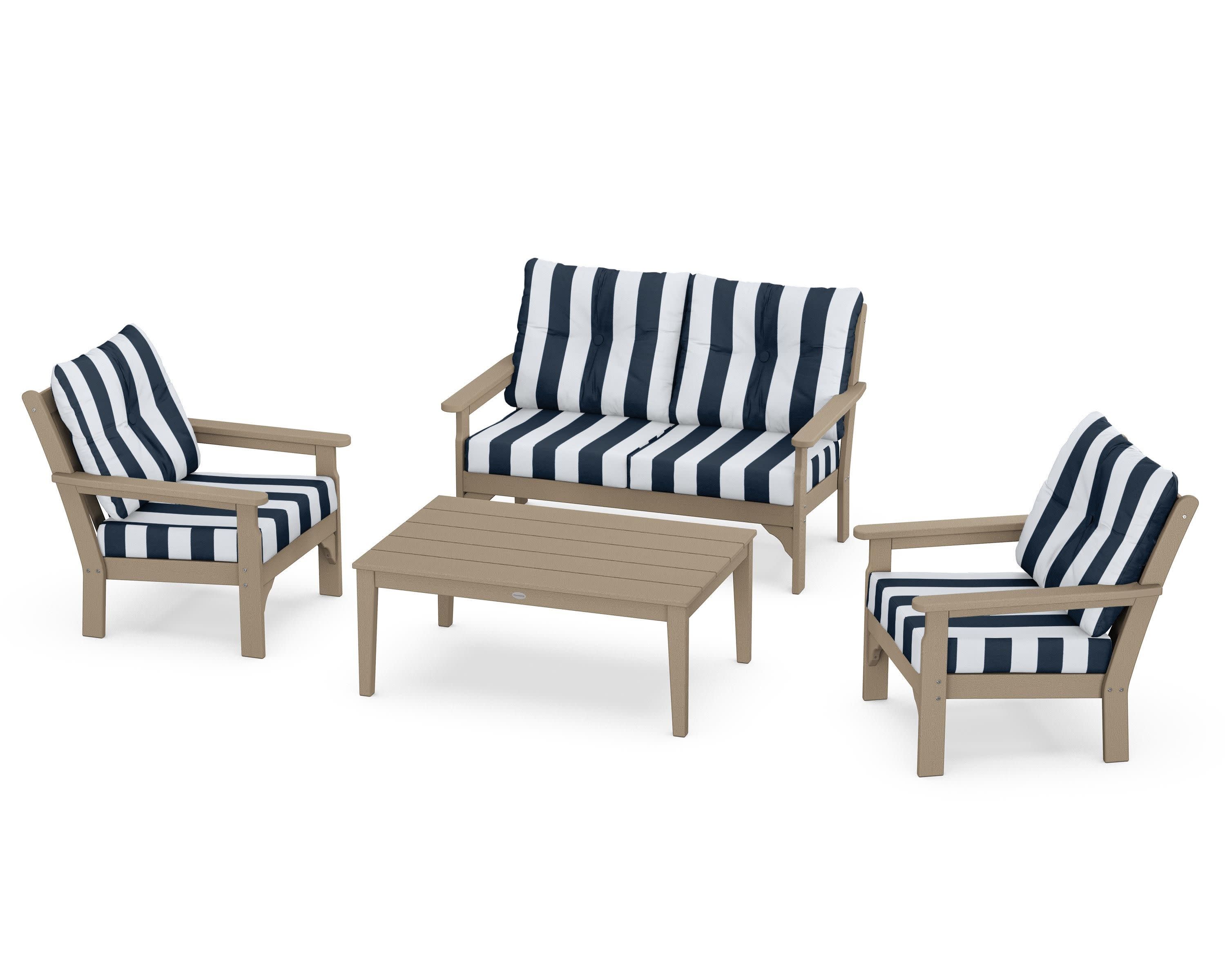 Vineyard 4-Piece Deep Seating Set in Vintage Sahara / Cabana Stripe Marine Indigo