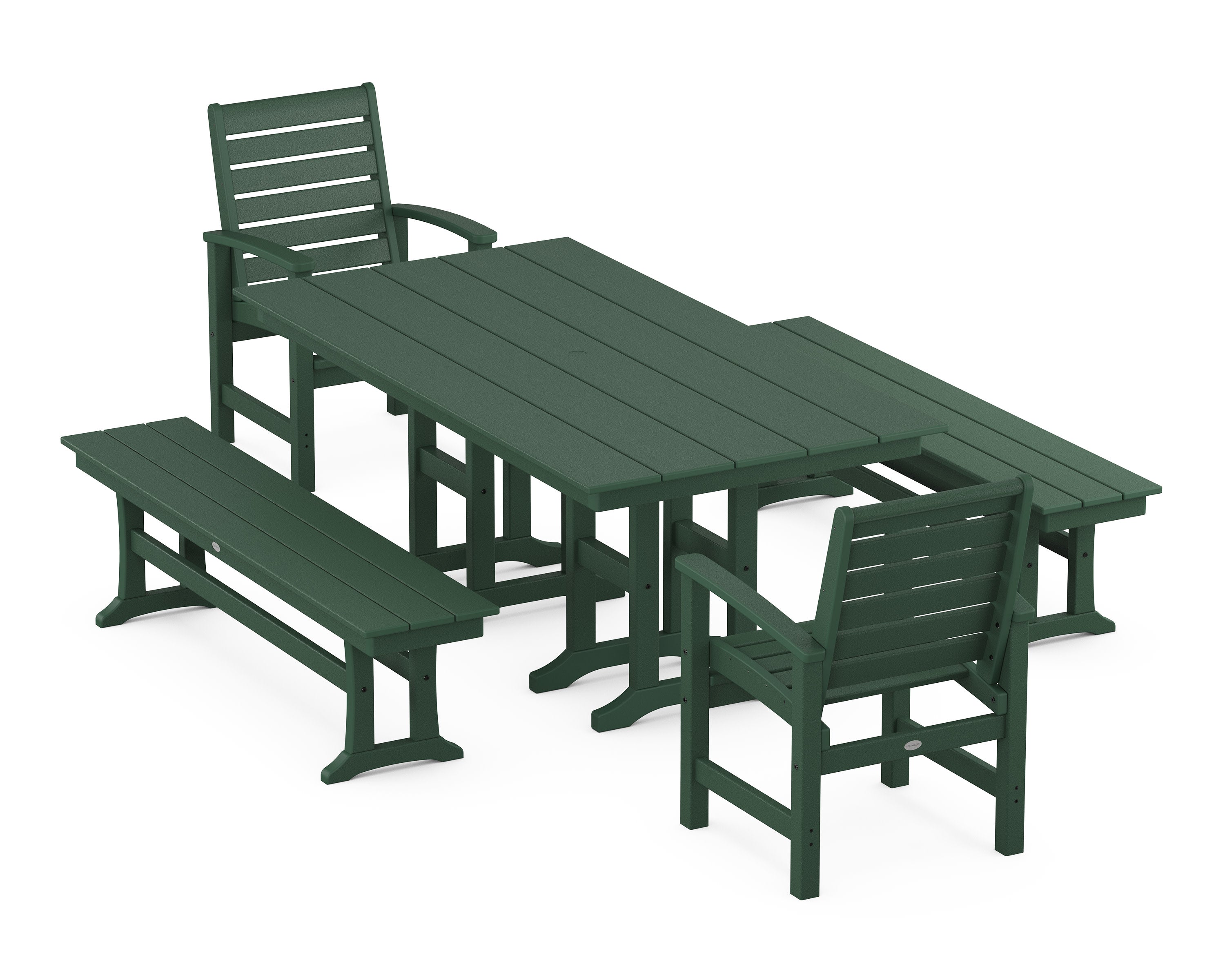 Signature 5-Piece Farmhouse Dining Set with Benches in Green