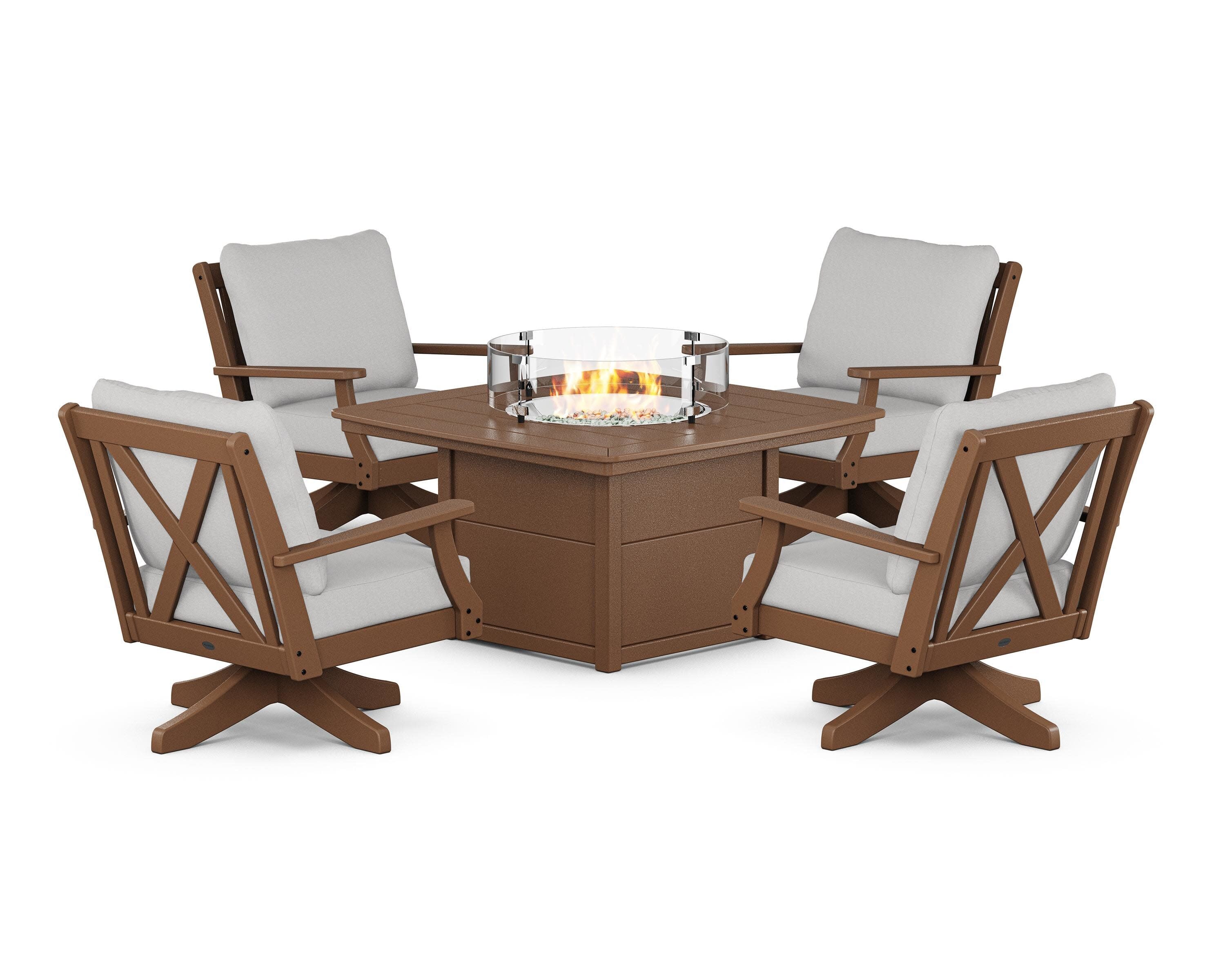 Braxton 5-Piece Deep Seating Swivel Conversation Set with Fire Pit Table in Teak / Diamond in the Rough