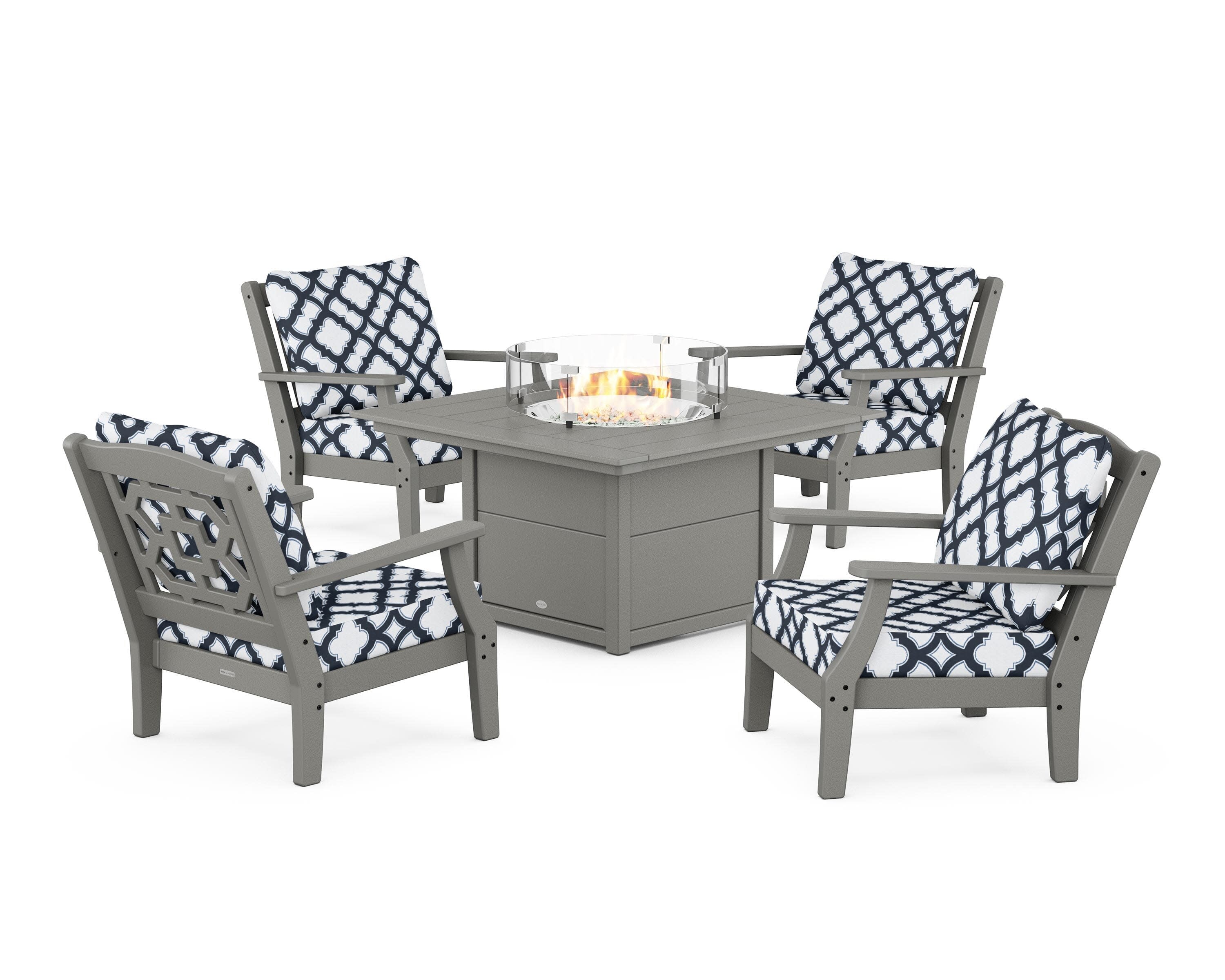 Chinoiserie 5-Piece Deep Seating Set with Fire Pit Table in Slate Grey / Trellis Marine Indigo