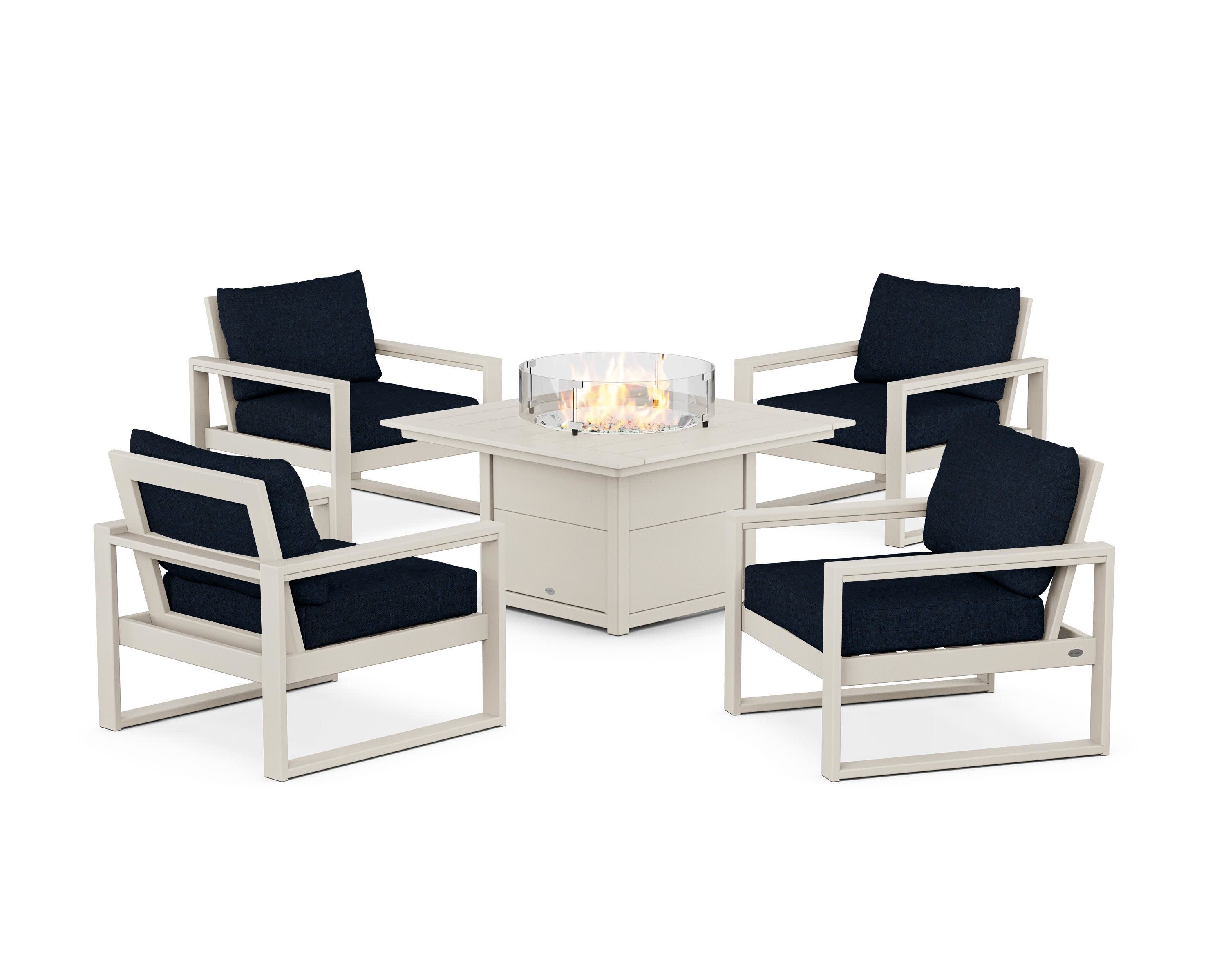 EDGE Sectional 5-Piece Deep Seating Set with Fire Pit Table in Sand / Marine Indigo