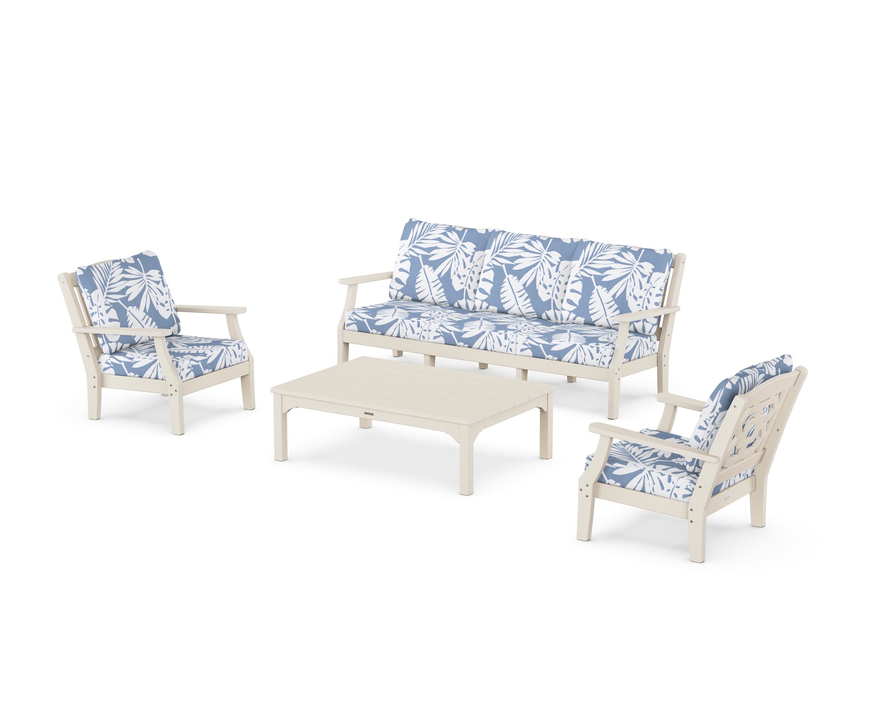 Chinoiserie 4-Piece Deep Seating Set with Sofa in Sand / Leaf Sky Blue