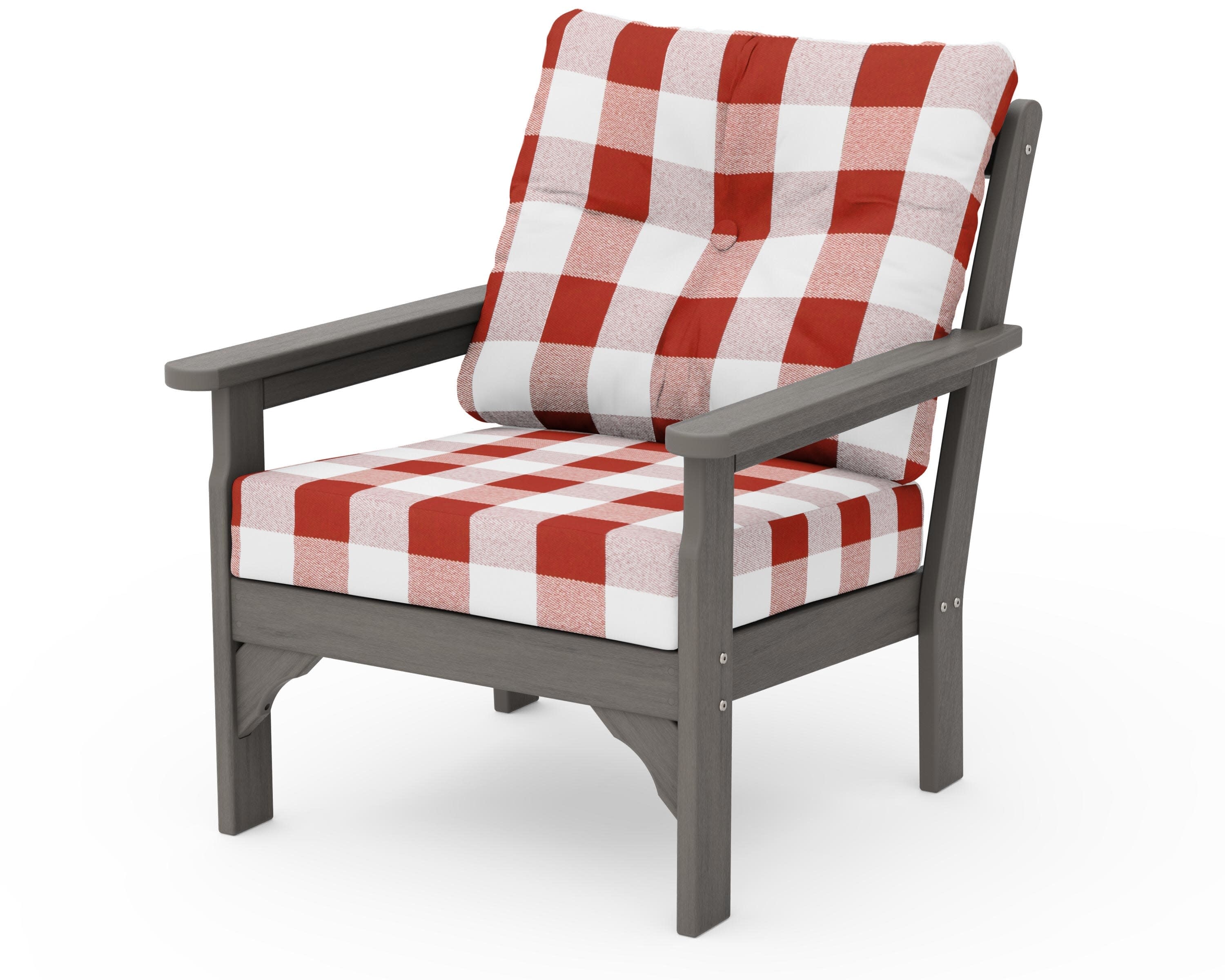 Vineyard Deep Seating Chair in Driftwood / Buffalo Plaid Crimson