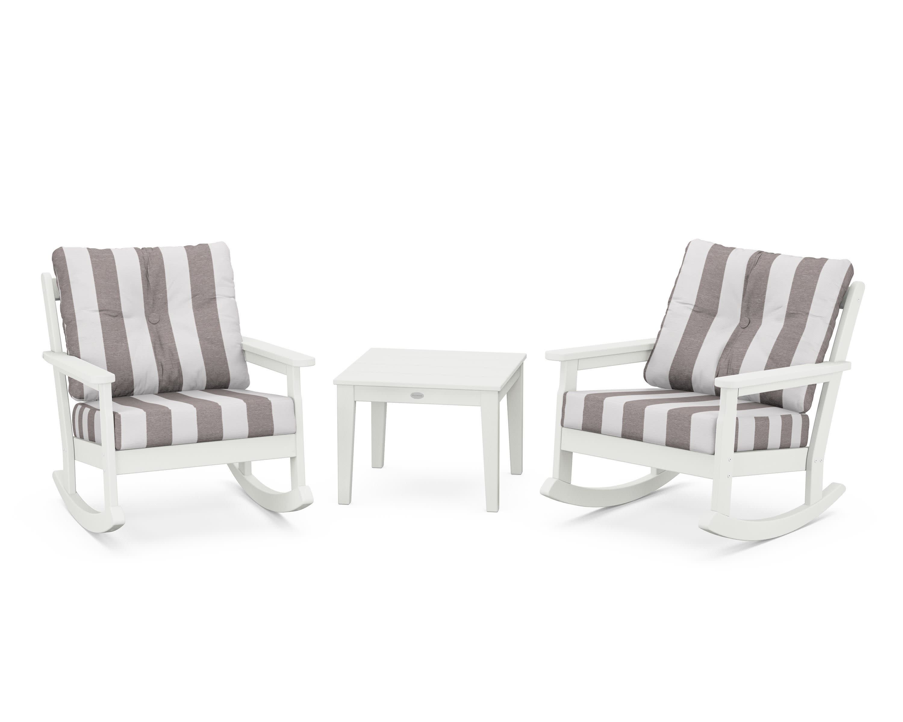 Vineyard 3-Piece Deep Seating Rocker Set in Vintage White / Cabana Stripe Grey Mist