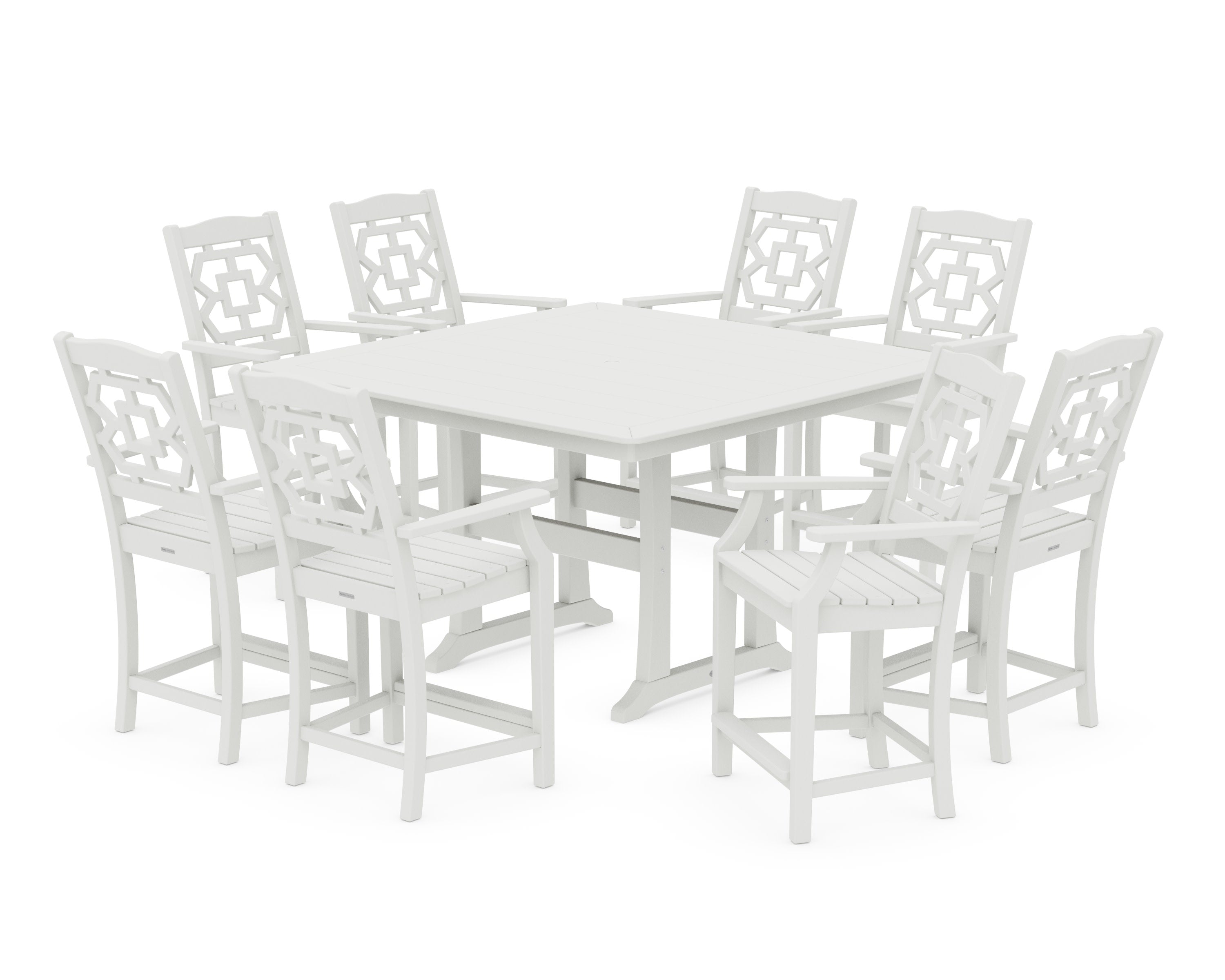 Chinoiserie 9-Piece Square Counter Set with Trestle Legs in Vintage White