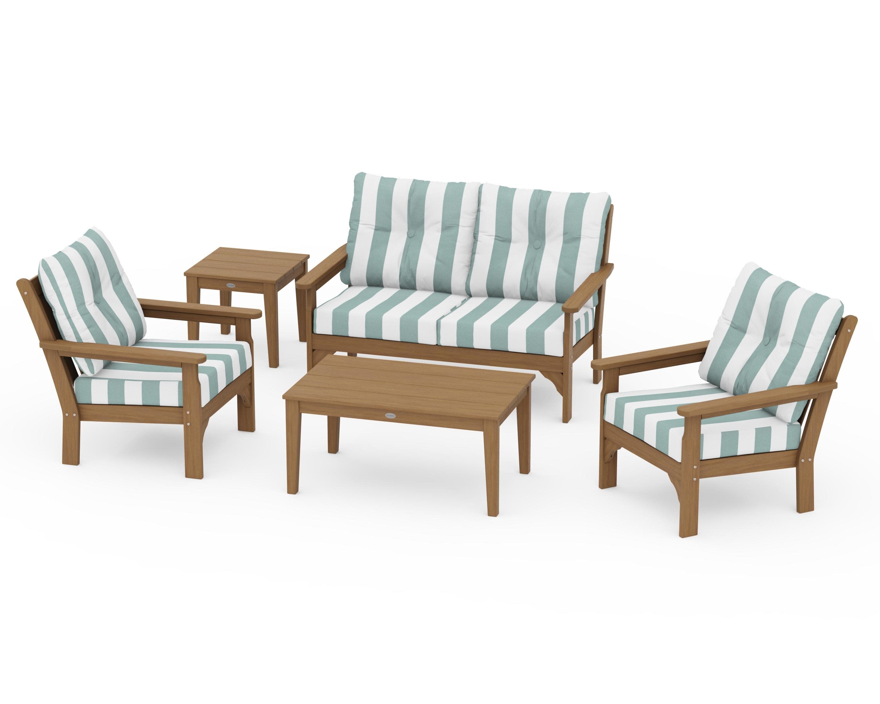 Vineyard 5-Piece Deep Seating Set in Natural / Cabana Stripe Glacier Spa