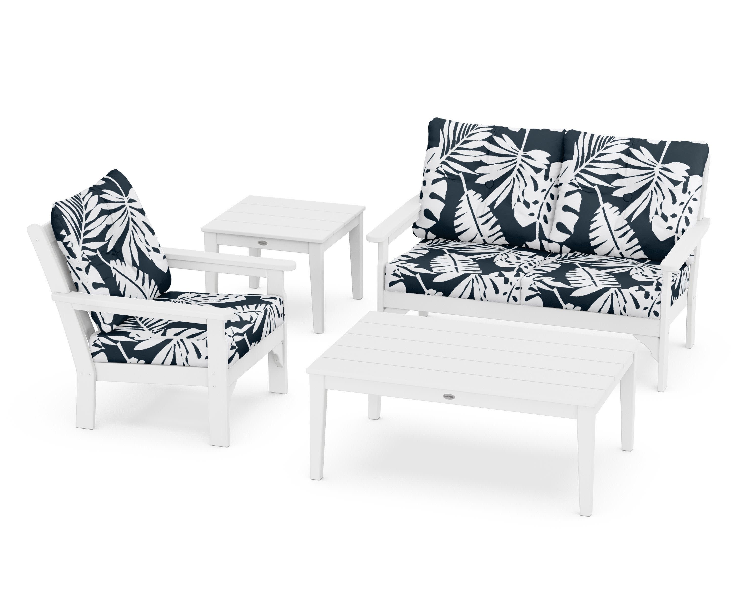 Vineyard 4-Piece Deep Seating Set in White / Leaf Marine Indigo
