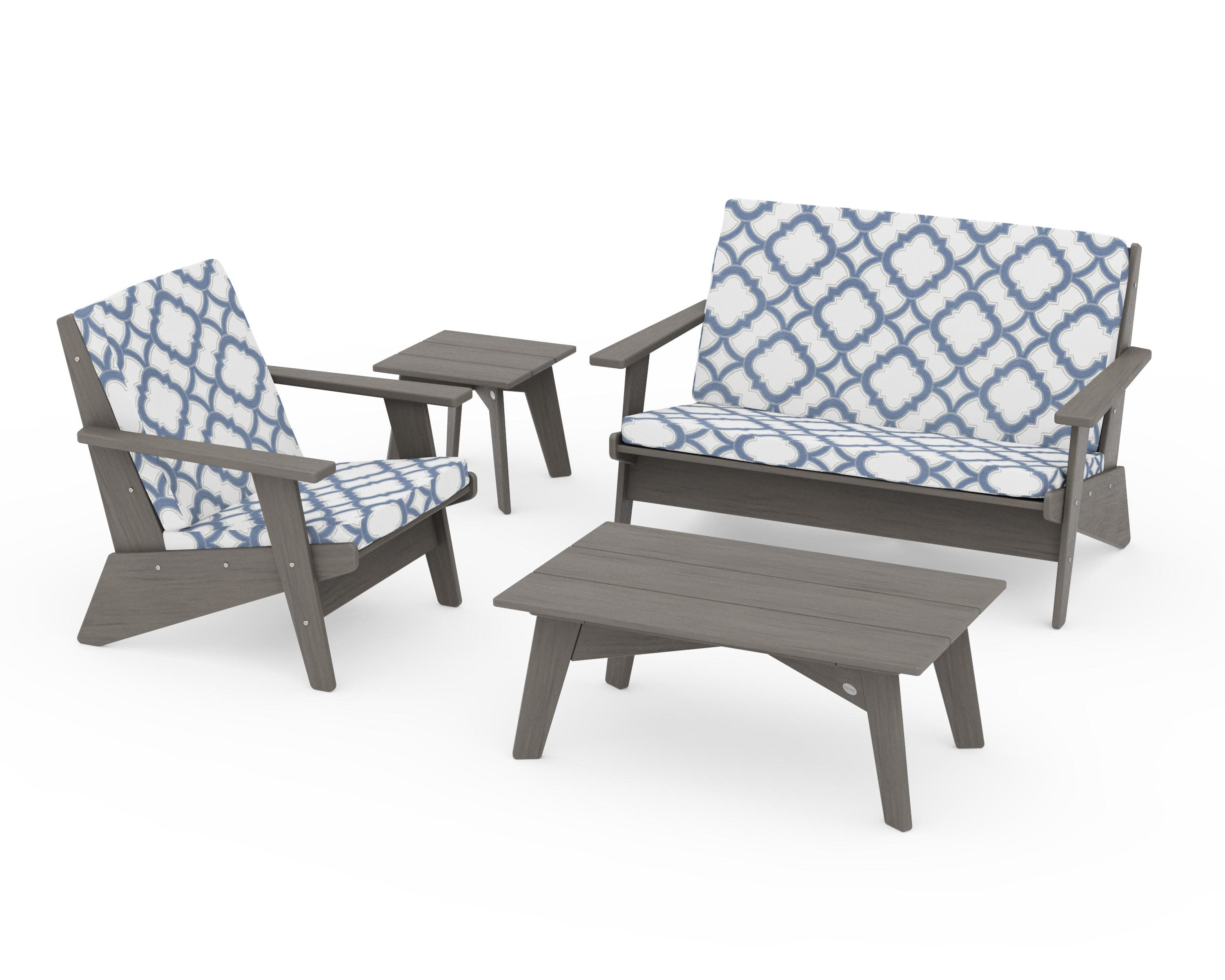 Riviera Modern Lounge 4-Piece Set in Driftwood / Trellis Sky Blue
