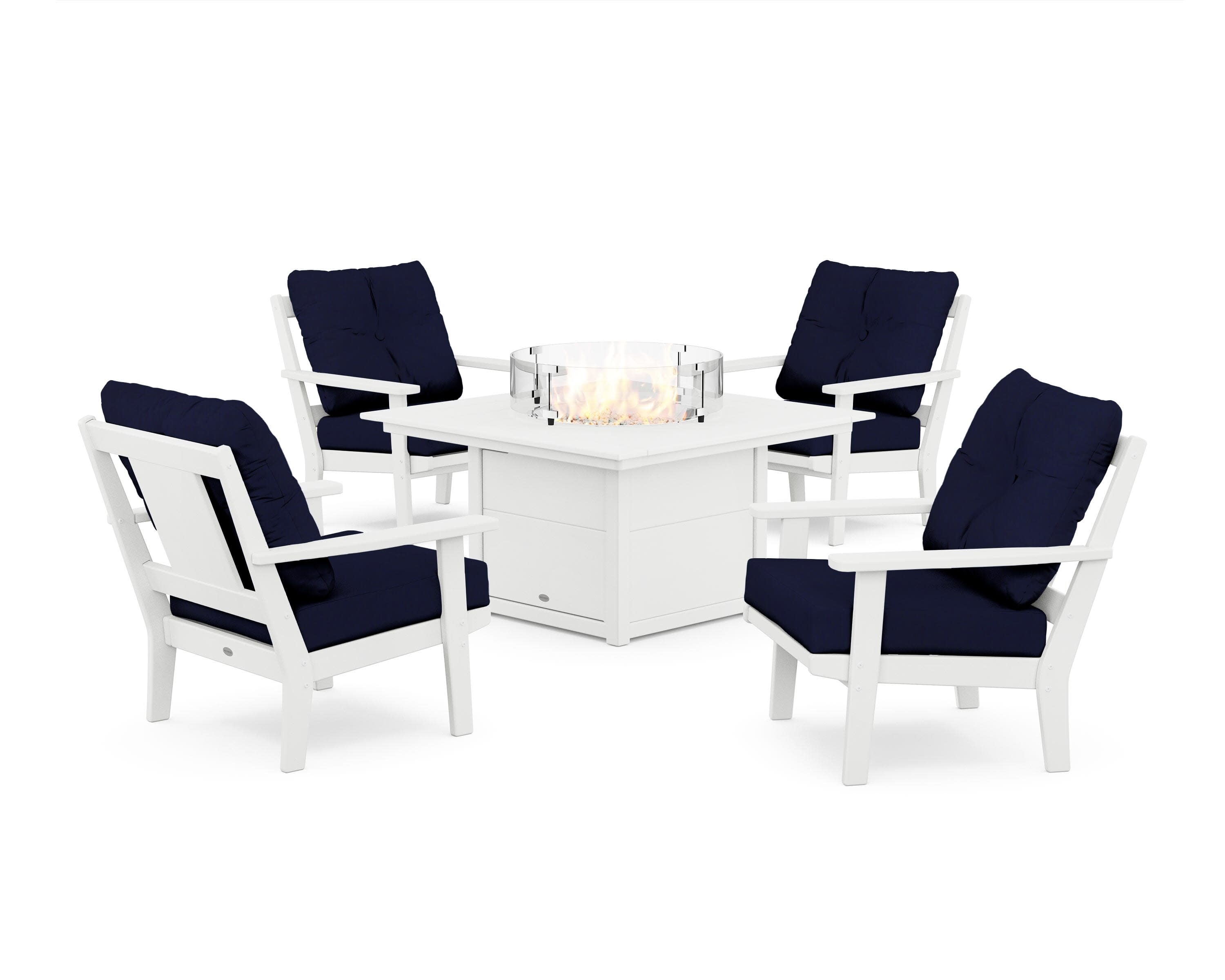 Prairie 5-Piece Deep Seating Set with Fire Pit Table in White / Navy