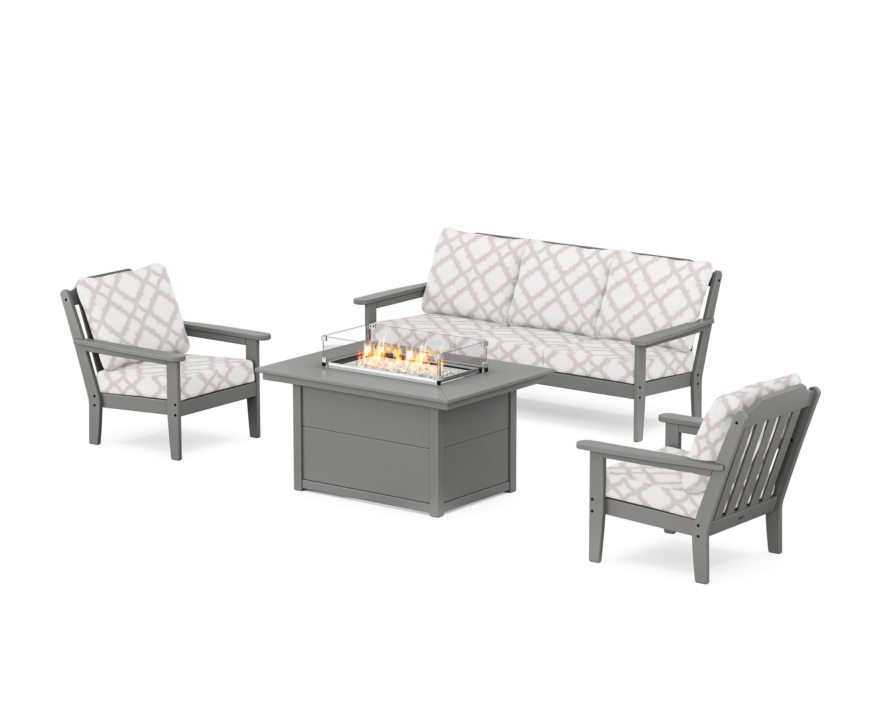 Cottage Deep Seating Fire Pit Table Set in Slate Grey / Trellis Dune Burlap
