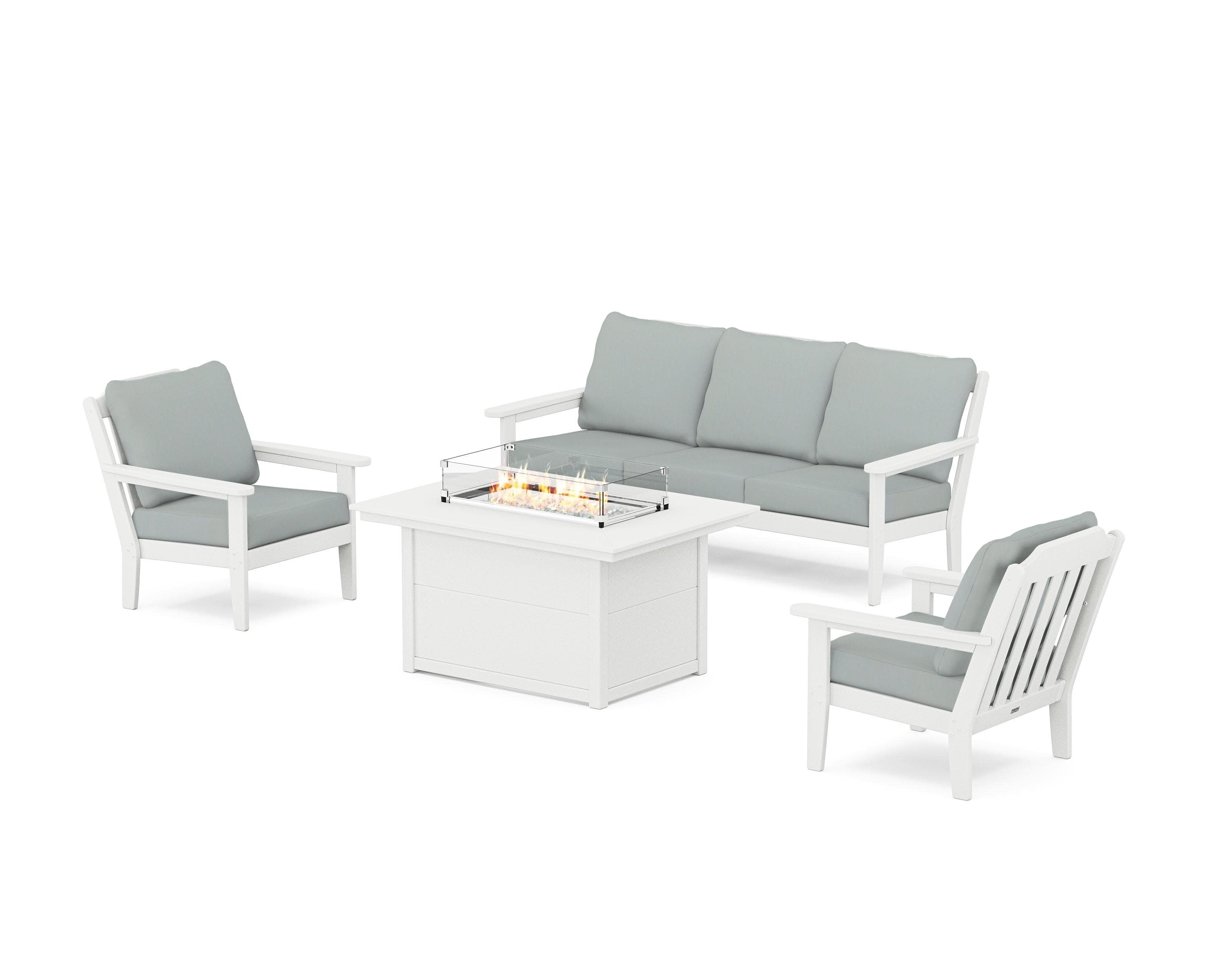 Cottage Deep Seating Fire Pit Table Set in White / Spa