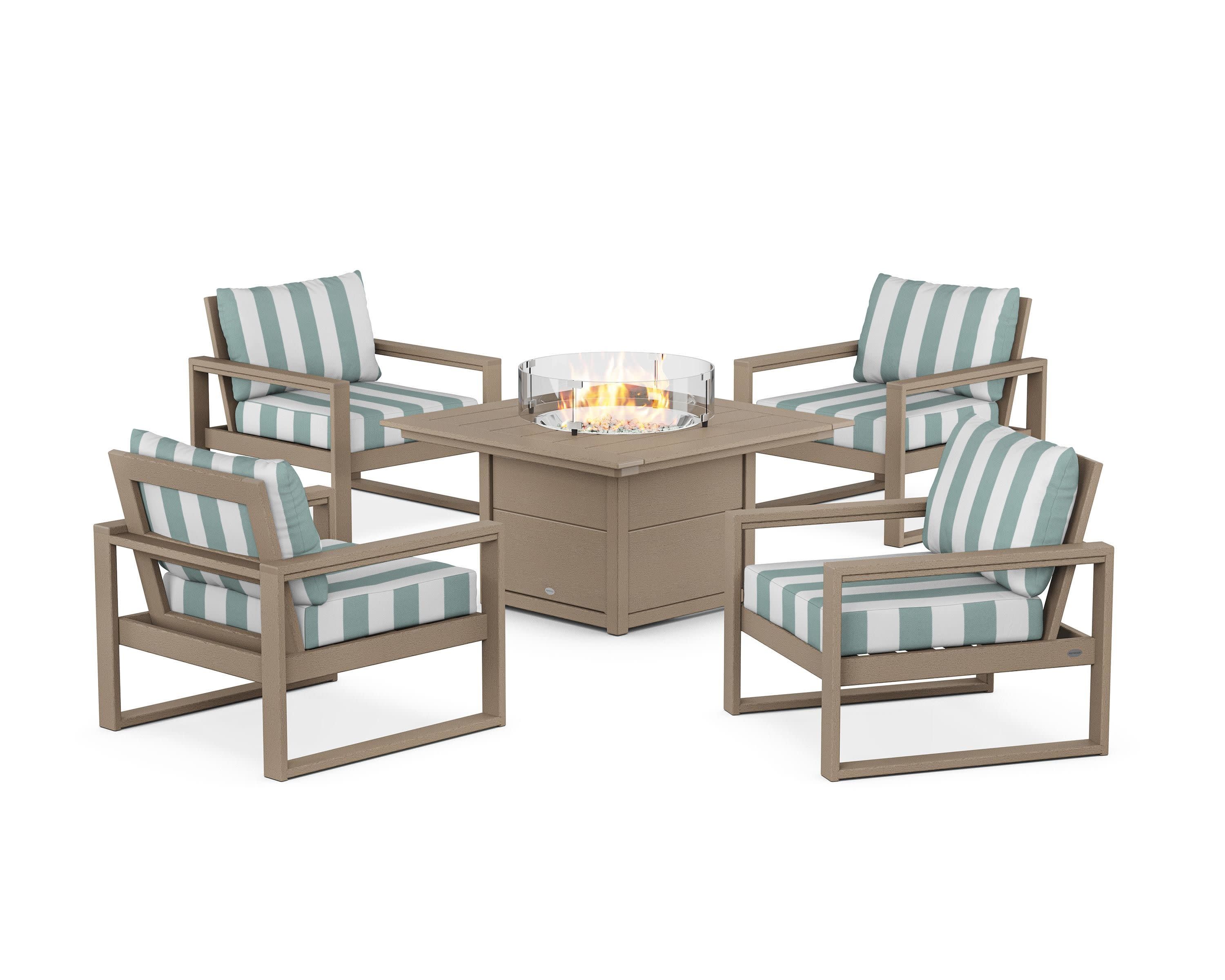EDGE Sectional 5-Piece Deep Seating Set with Fire Pit Table in Vintage Sahara / Cabana Stripe Glacier Spa