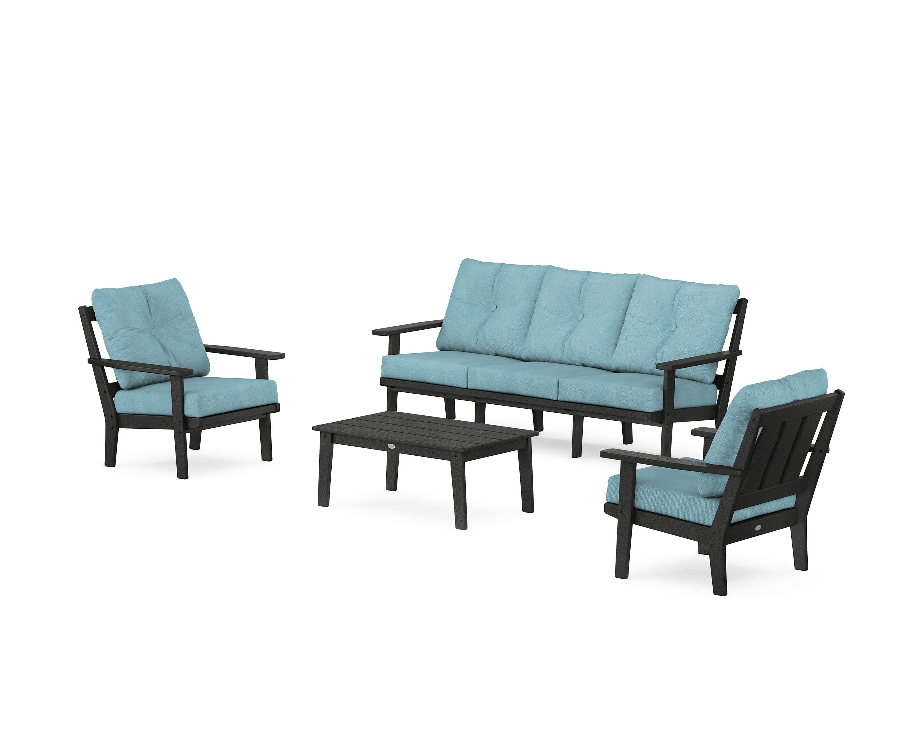 Oxford 4-Piece Deep Seating Set with Sofa in Black / Lattice Sky Blue