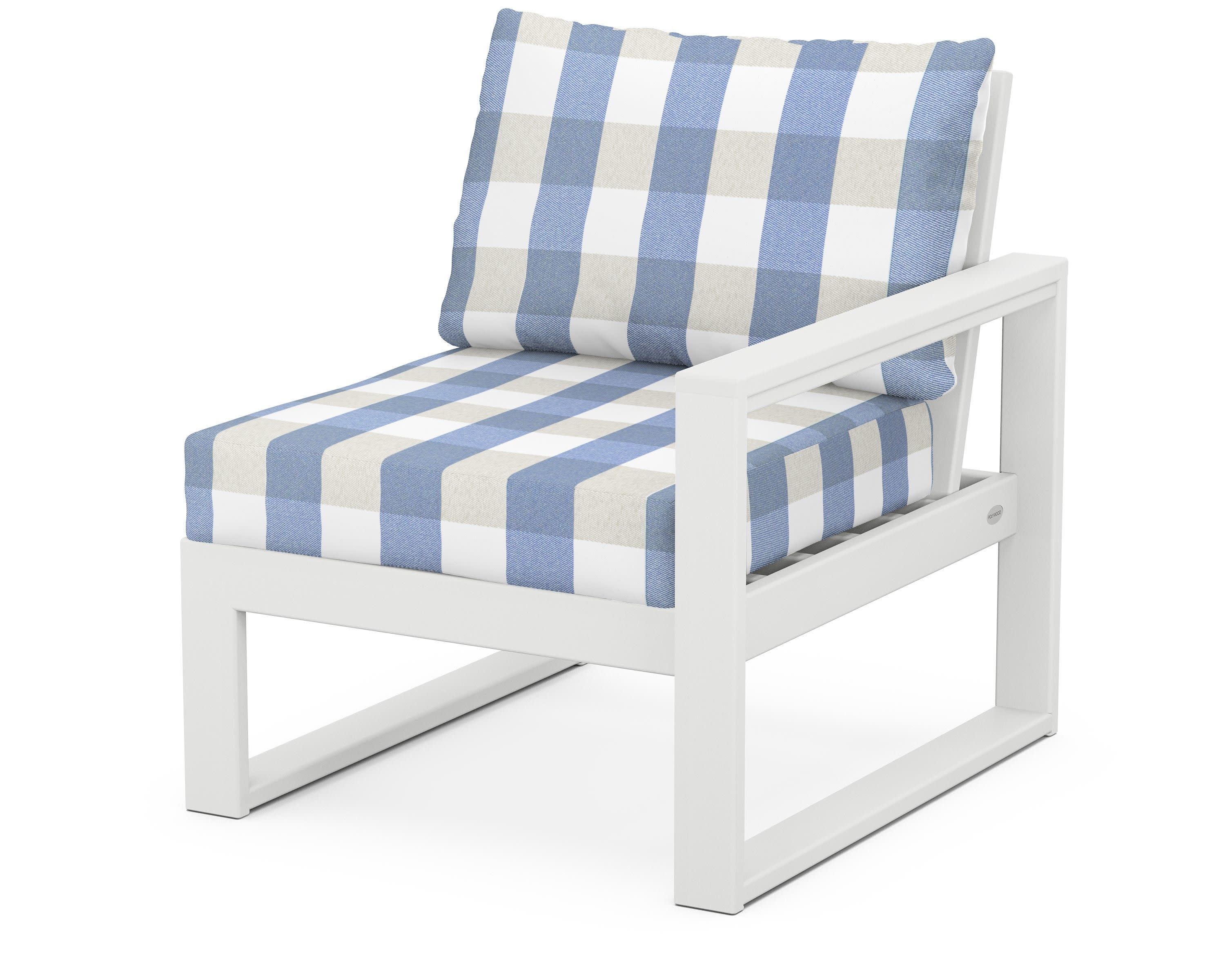 EDGE Modular Right Arm Chair in White / Buffalo Plaid Sky Blue