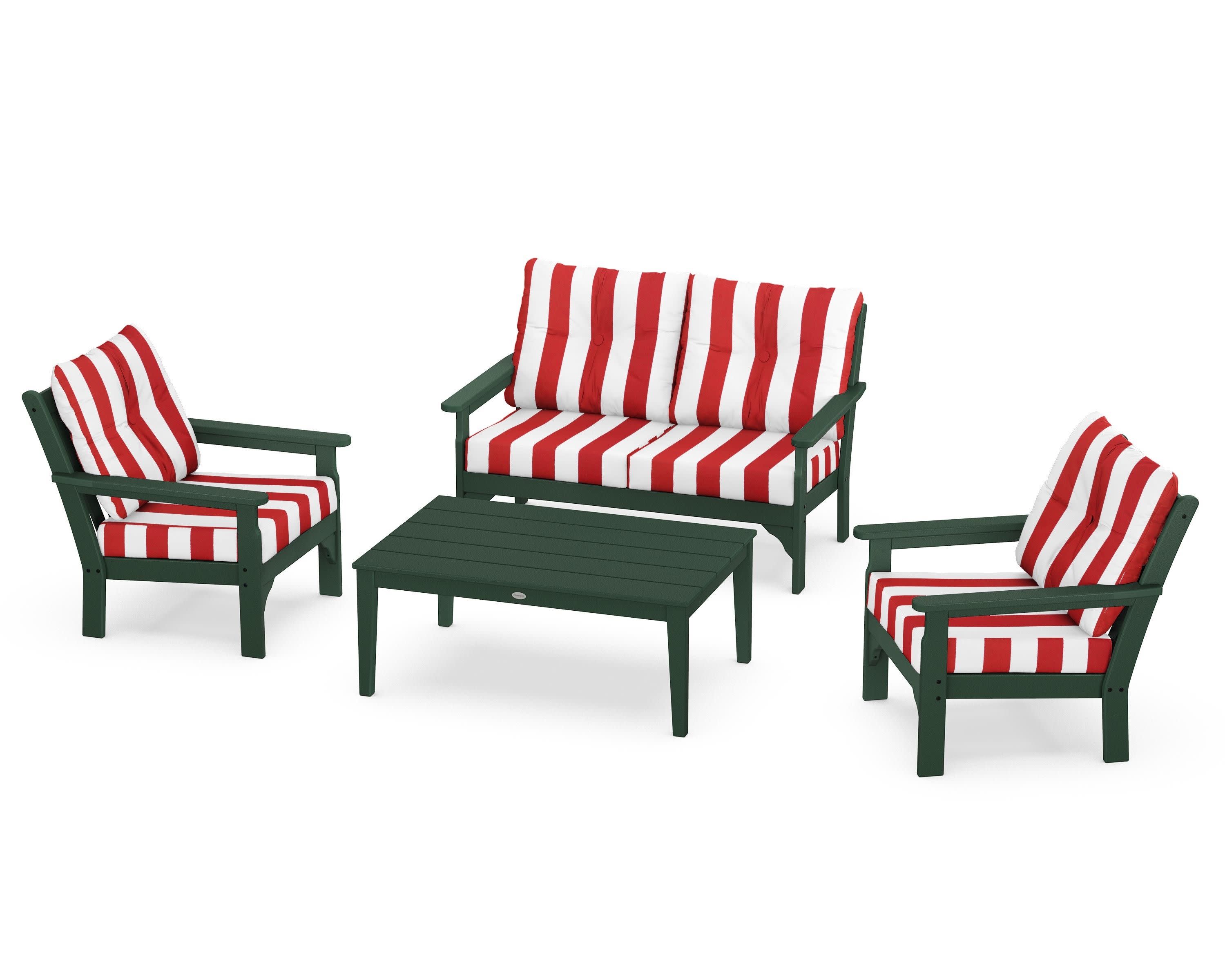 Vineyard 4-Piece Deep Seating Set in Green / Cabana Stripe Crimson