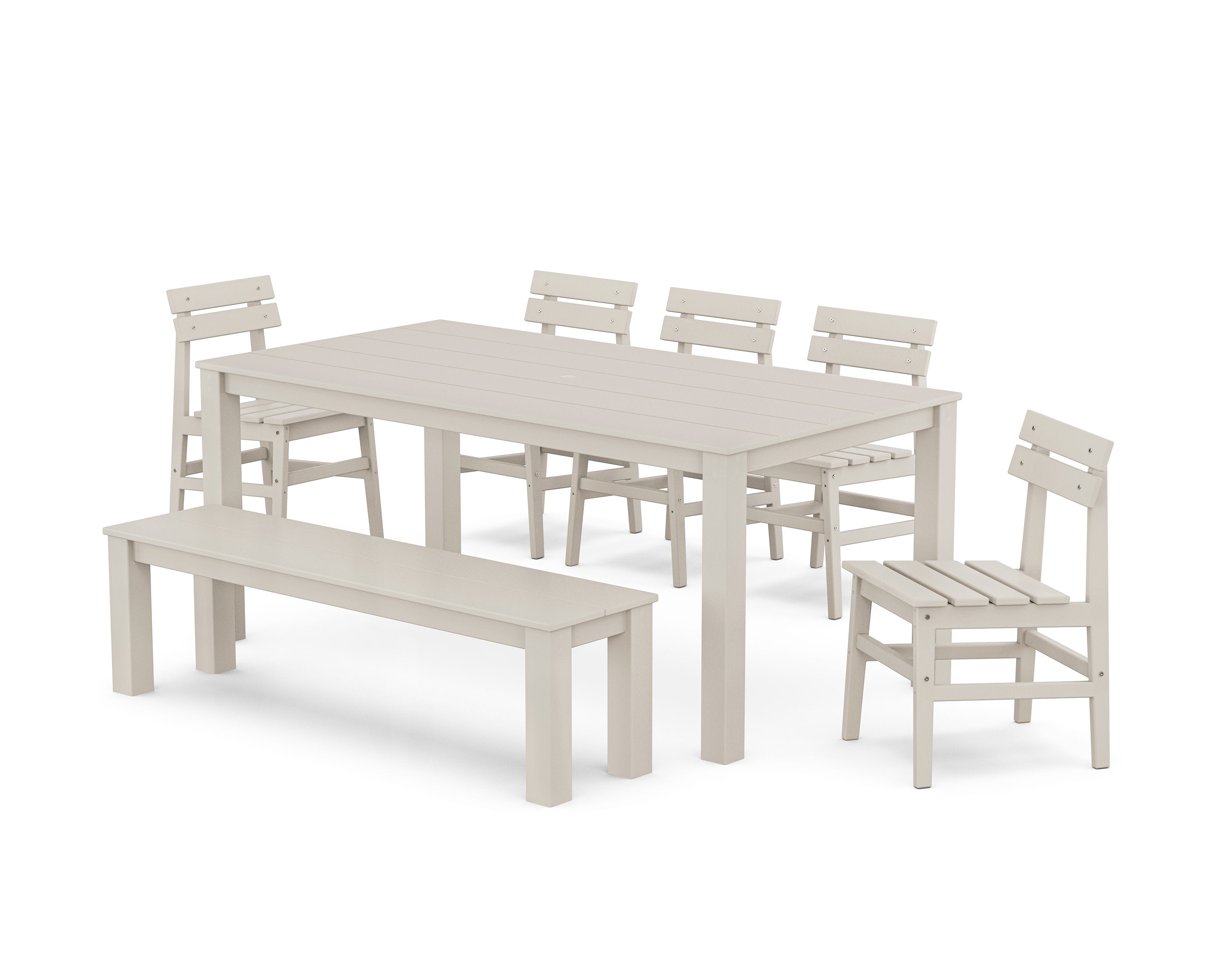 Modern Studio Plaza Chair 7-Piece Parsons Dining Set with Bench in Sand