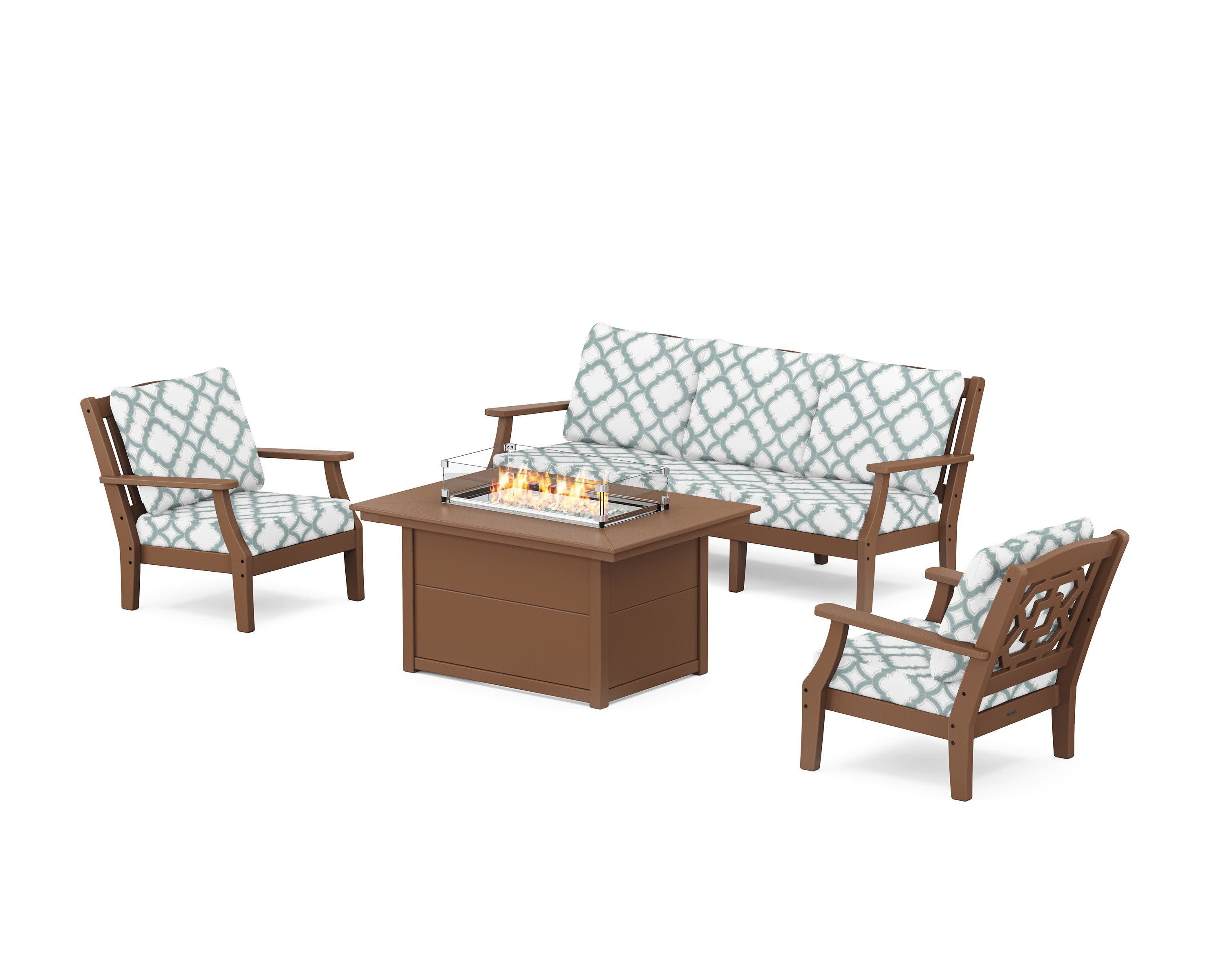 Chinoiserie Deep Seating Fire Pit Table Set in Teak / Trellis Glacier Spa
