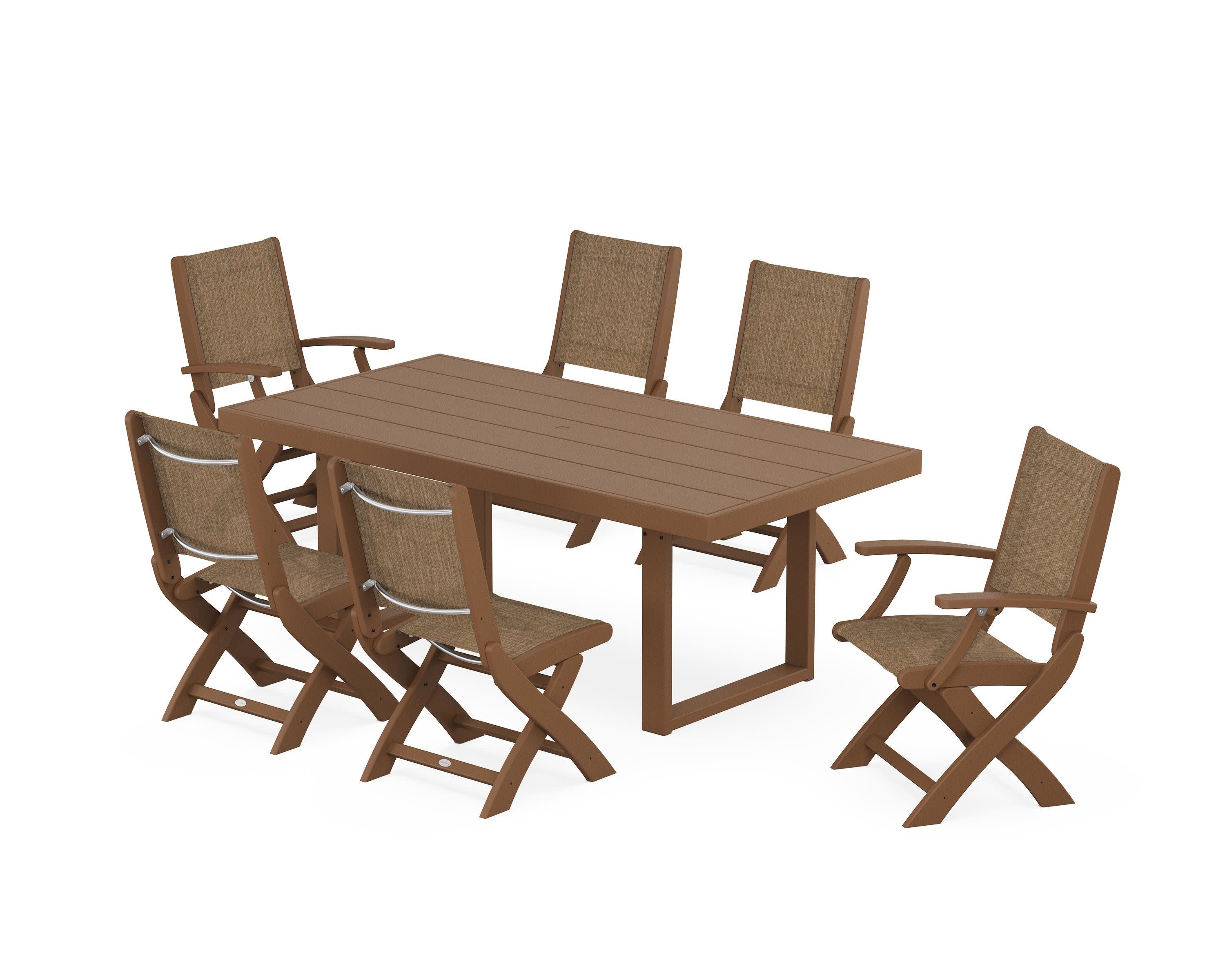 Coastal Folding Chair 7-Piece Dining Set with Trestle Legs in Teak / Burlap Sling