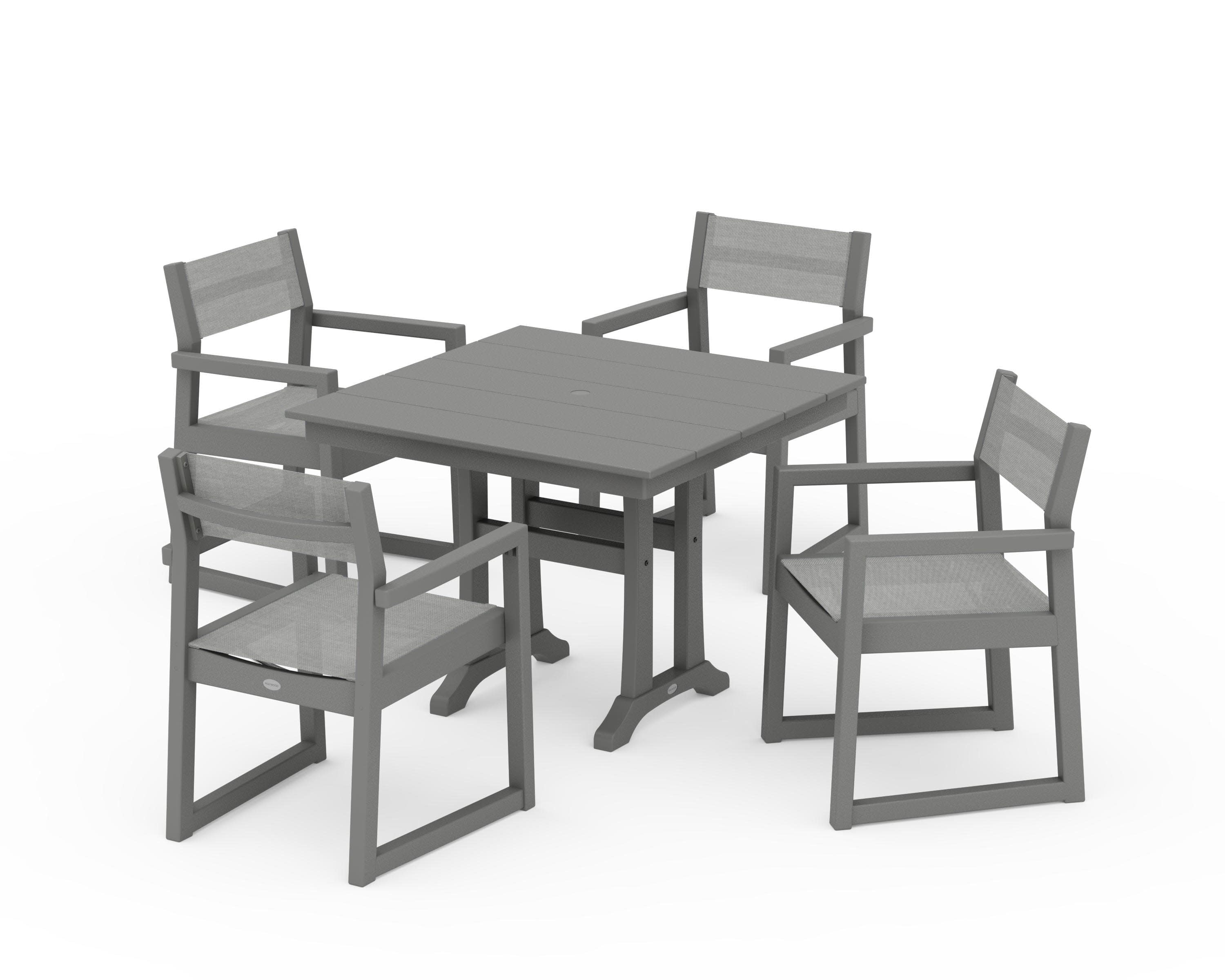 EDGE Sling 5-Piece Farmhouse Dining Set with Trestle Legs in Slate Grey / Metallic Sling