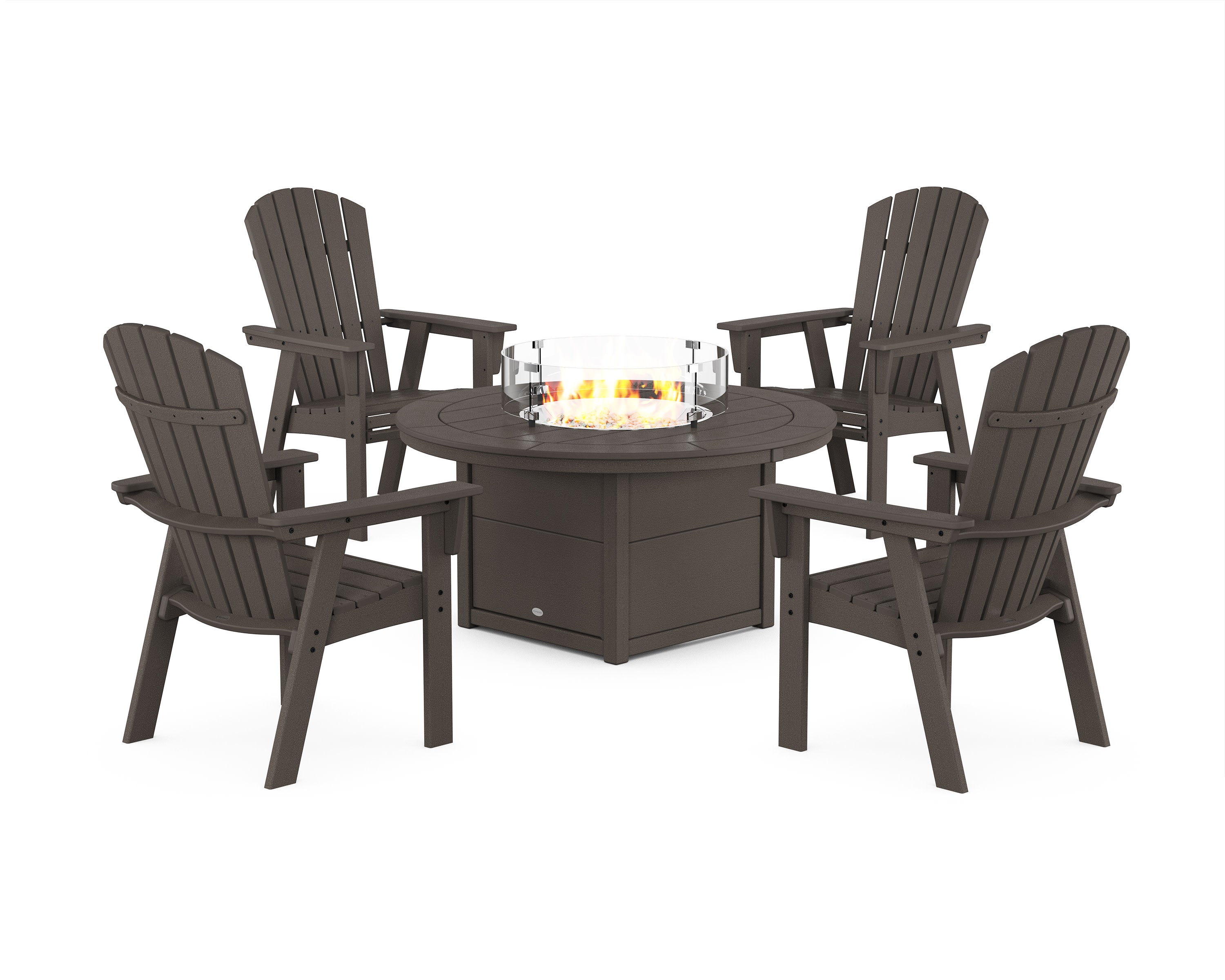 Nautical 4-Piece Curveback Upright Adirondack Conversation Set with Fire Pit Table in Vintage Coffee
