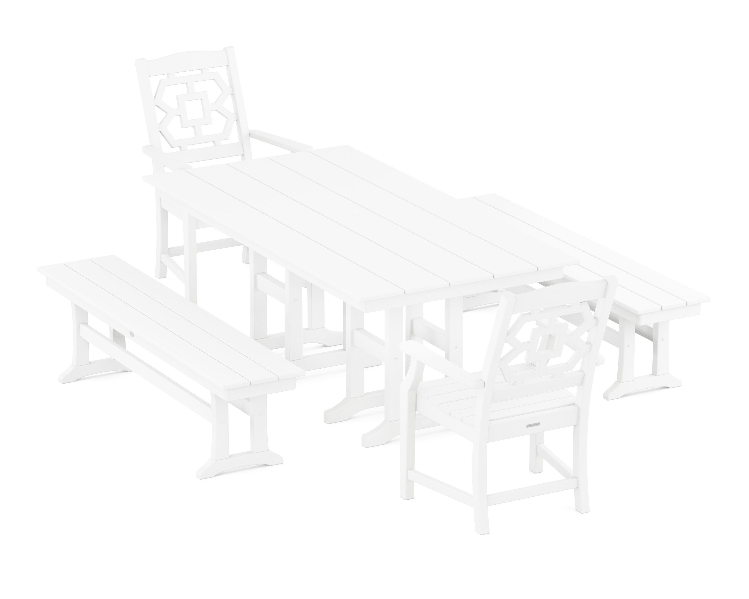 Chinoiserie 5-Piece Farmhouse Dining Set with Benches in White