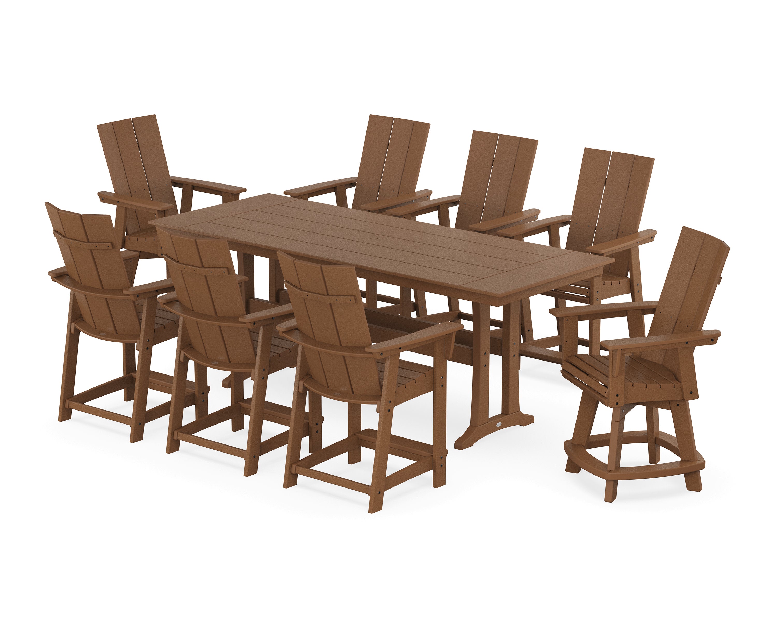 Modern Curveback Adirondack Swivel 9-Piece Farmhouse Counter Set with Trestle Legs in Teak