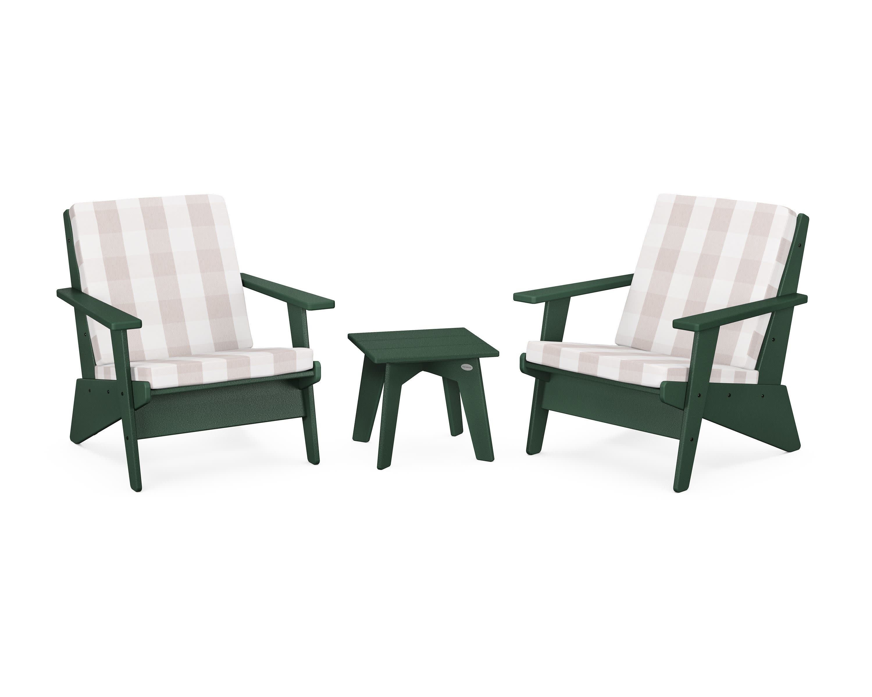 Riviera Modern Lounge 3-Piece Set in Green / Buffalo Plaid Dune Burlap