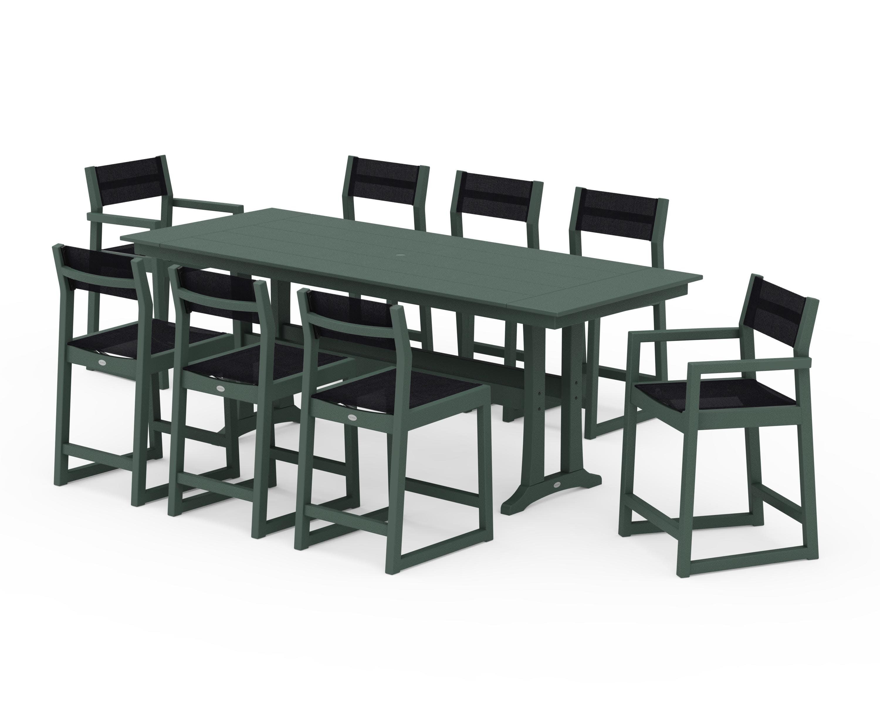 EDGE Sling 9-Piece Farmhouse Counter Set with Trestle Legs in Green / Black Sling