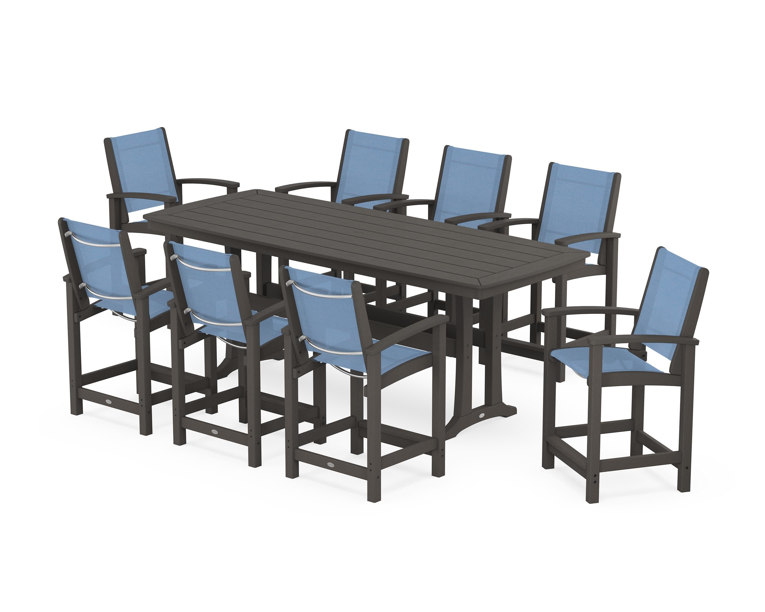 Coastal 9-Piece Counter Set with Trestle Legs in Vintage Coffee / Poolside Sling