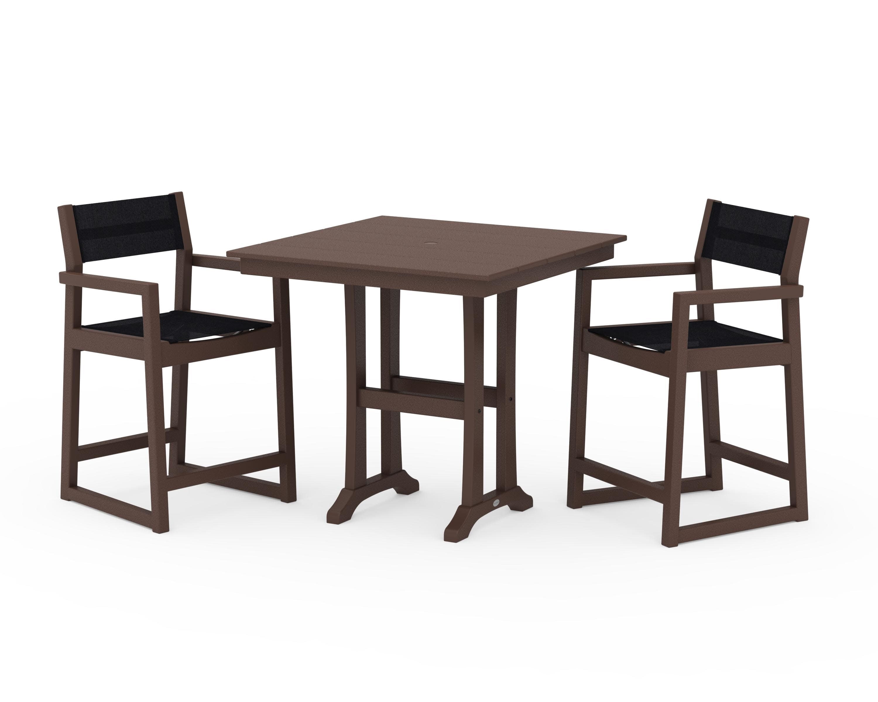 EDGE Sling Arm Chair 3-Piece Farmhouse Counter Set with Trestle Legs in Mahogany / Black Sling