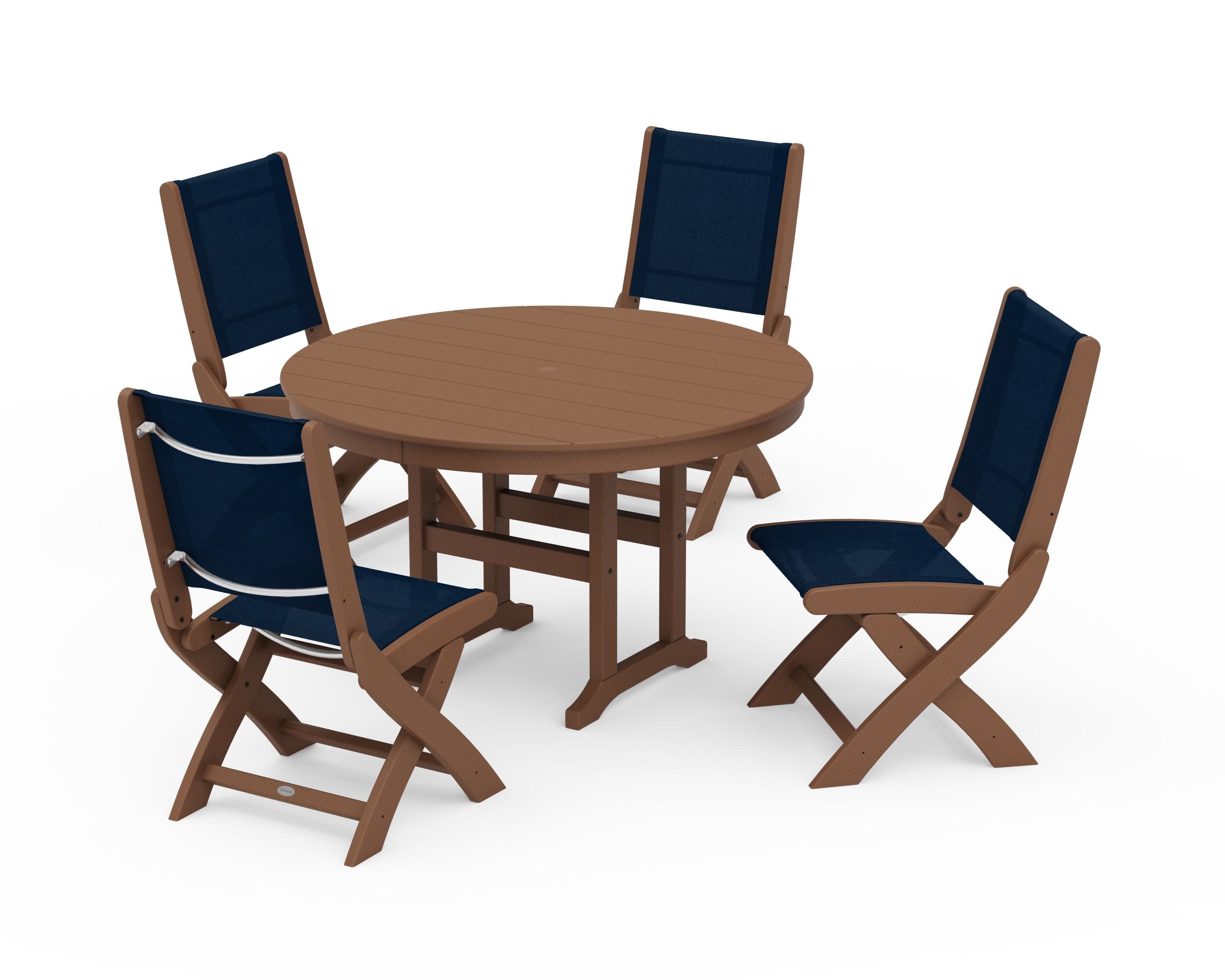 Coastal Folding Side Chair 5-Piece Round Dining Set in Teak / Navy Blue Sling