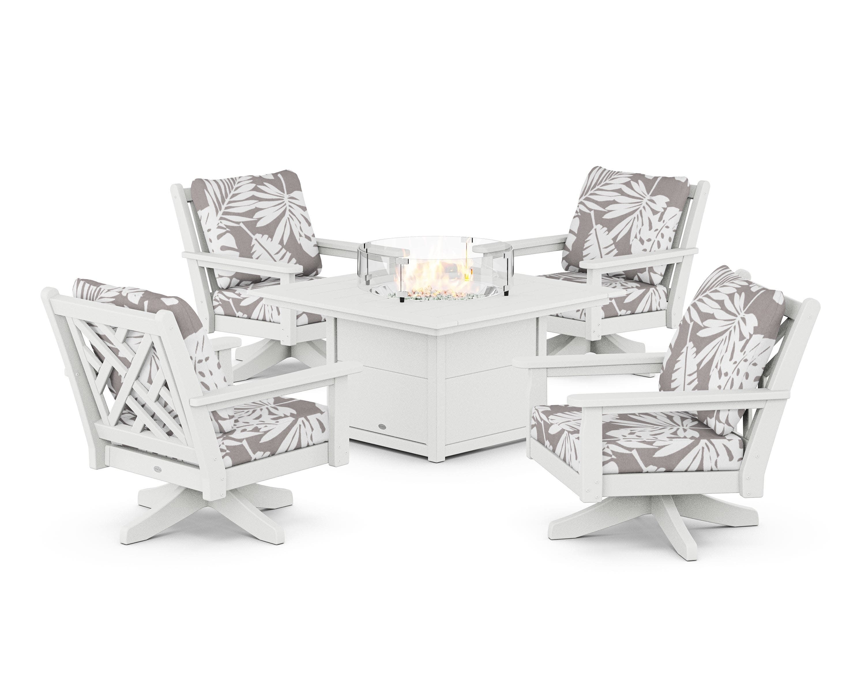 Chippendale 5-Piece Deep Seating Swivel Conversation Set with Fire Pit Table in White / Leaf Grey Mist