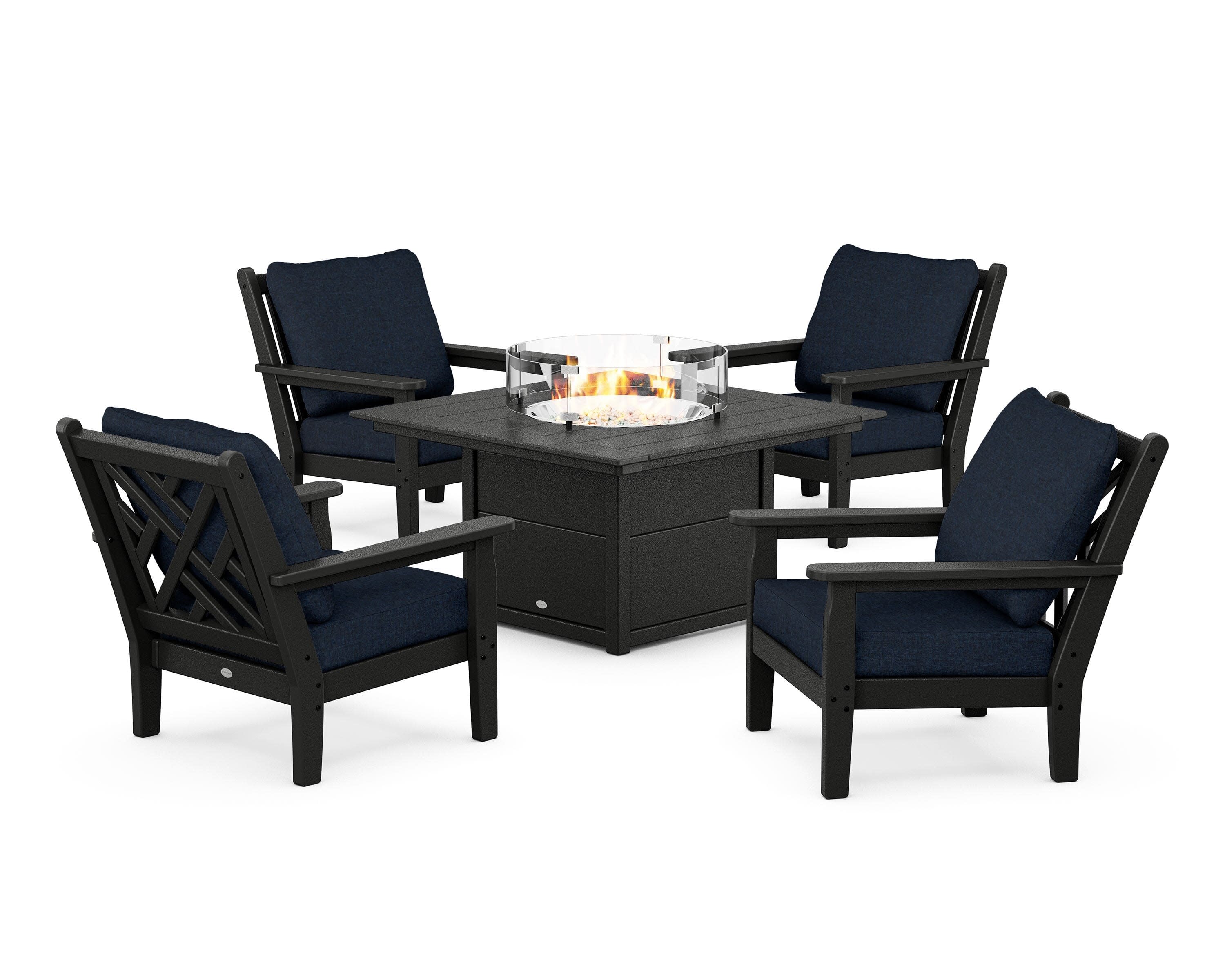 Chippendale 5-Piece Deep Seating Set with Fire Pit Table in Black / Marine Indigo
