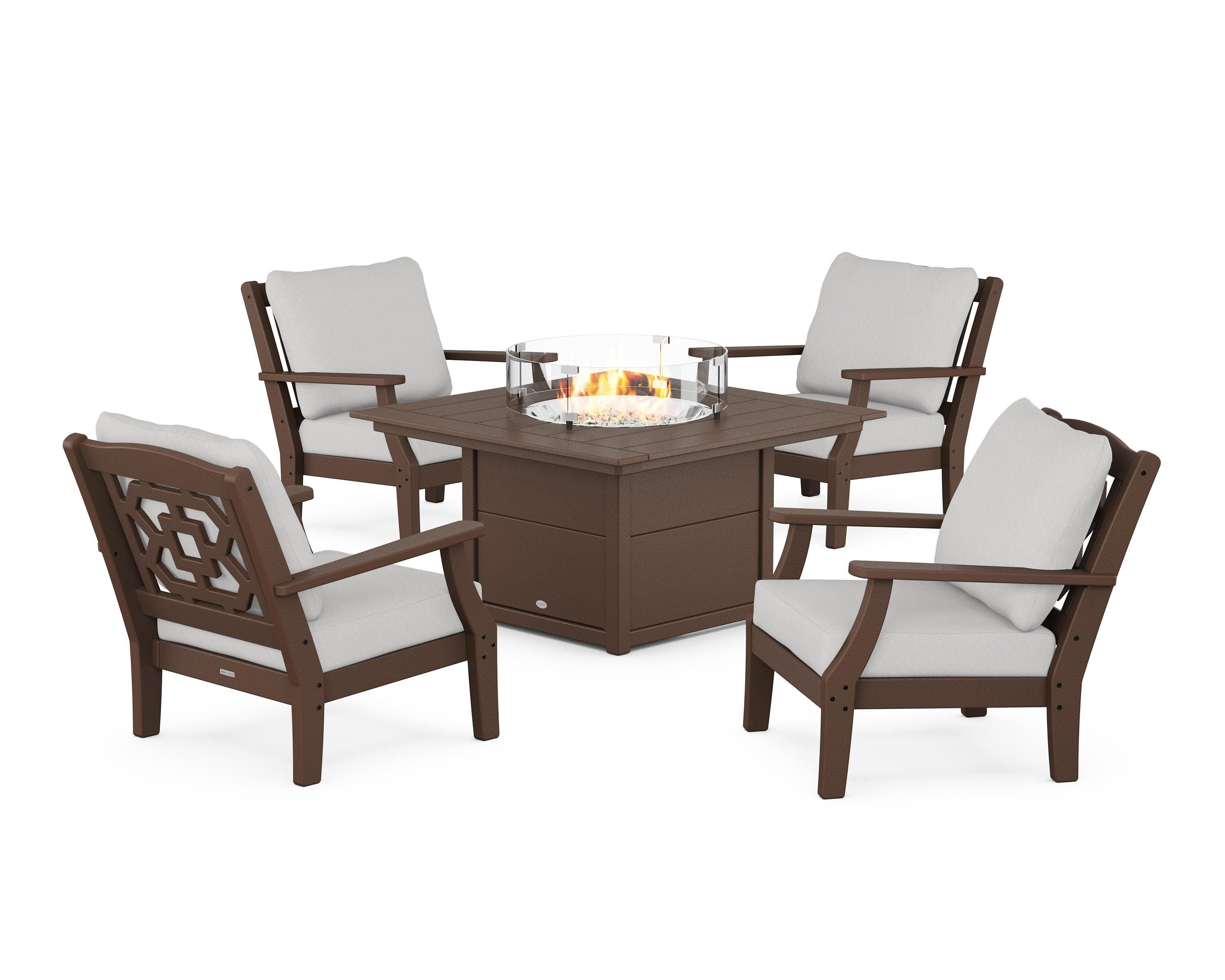 Chinoiserie 5-Piece Deep Seating Set with Fire Pit Table in Mahogany / Diamond in the Rough