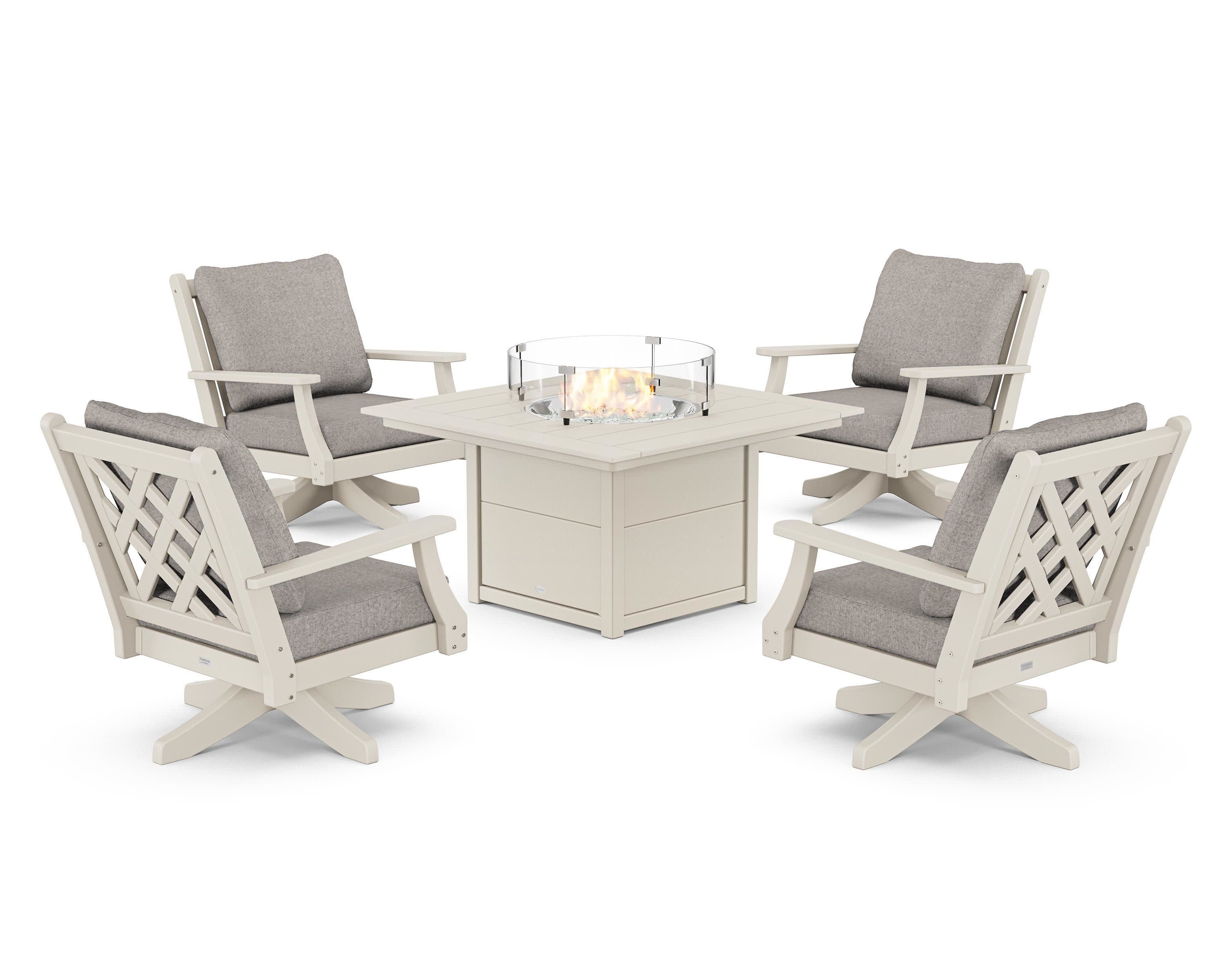 Wovendale 5-Piece Deep Seating Swivel Conversation Set with Fire Pit Table in Sand / Weathered Tweed