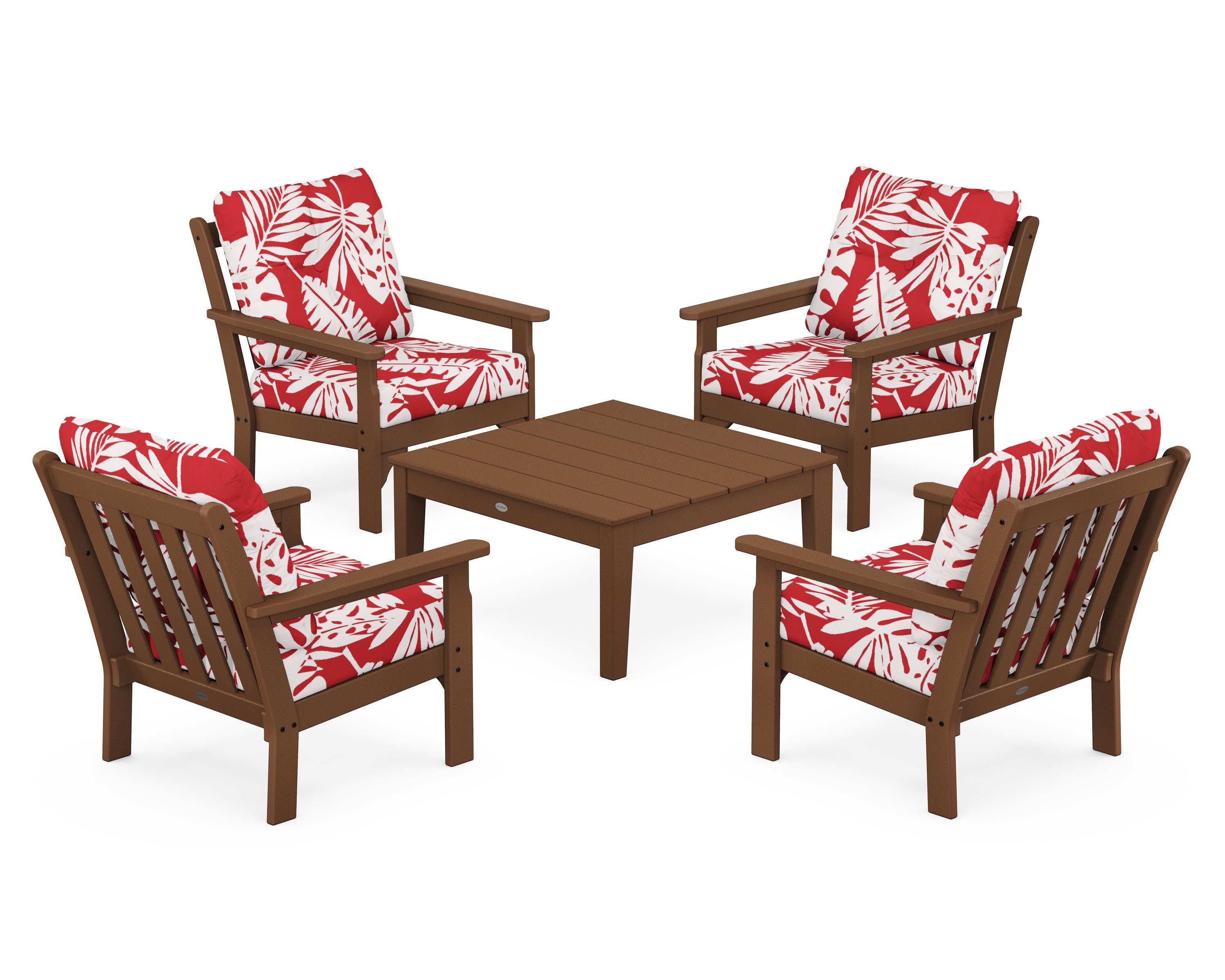 Vineyard 5-Piece Deep Seating Conversation Set in Teak / Leaf Crimson